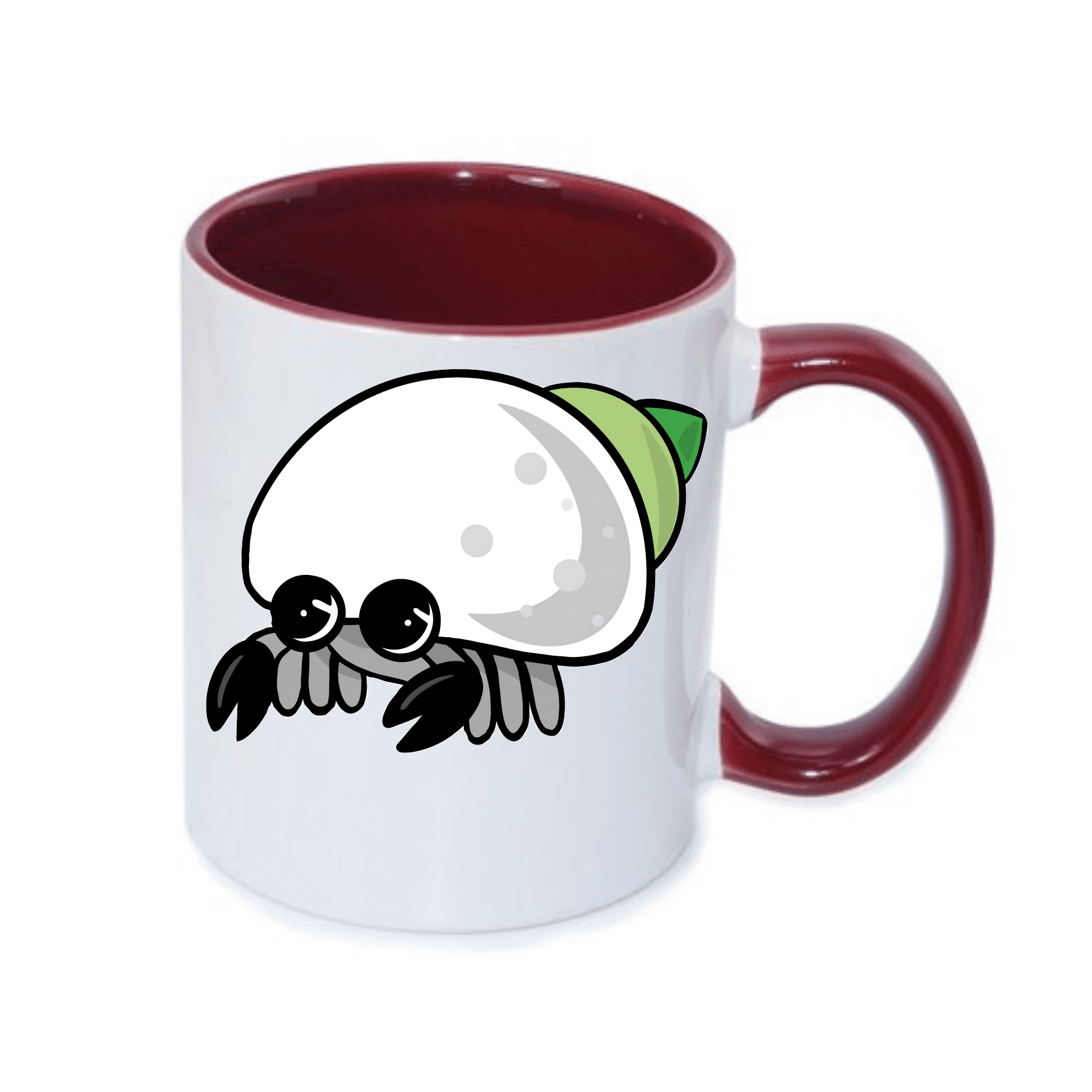 Kaffeetasse mit einem niedlichen, cartoonhaften Motiv eines Krebses im Schneckenhaus.