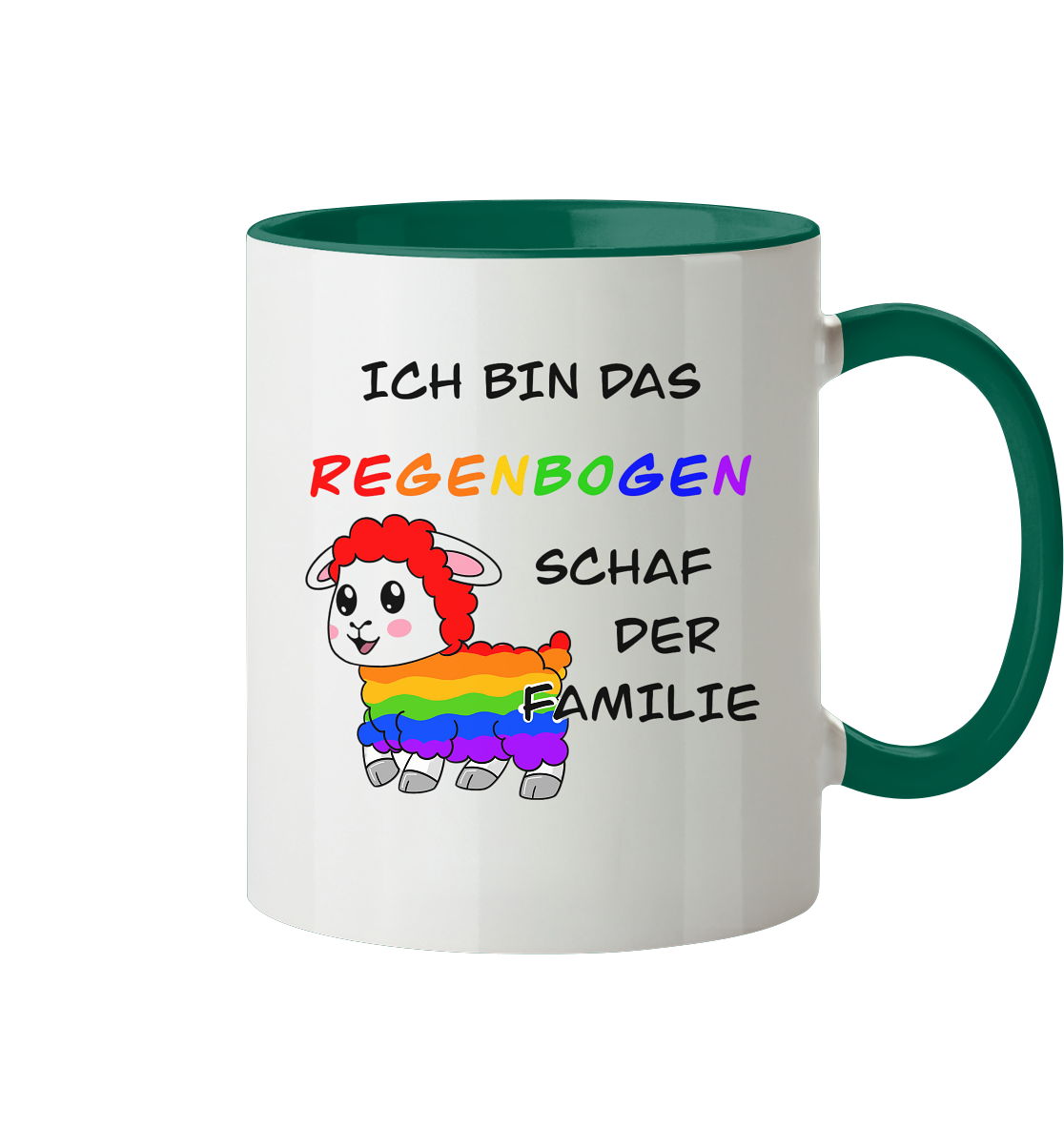 Tasse mit einem bunten Schaf und dem Text "Ich bin das Regenbogen-Schaf der Familie".