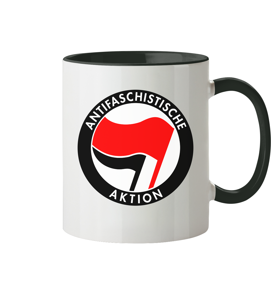 Tasse mit dem Aufdruck "Antifaschistische Aktion" und einem roten Flaggen-Symbol.  