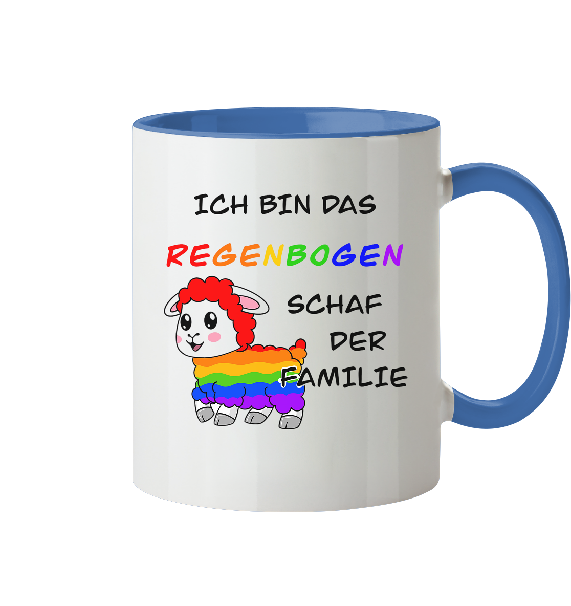 Bunte Kaffeetasse mit Aufschrift "Ich bin das Regenbogen-Schaf der Familie" und einer Illustrationen eines niedlichen Schafes.