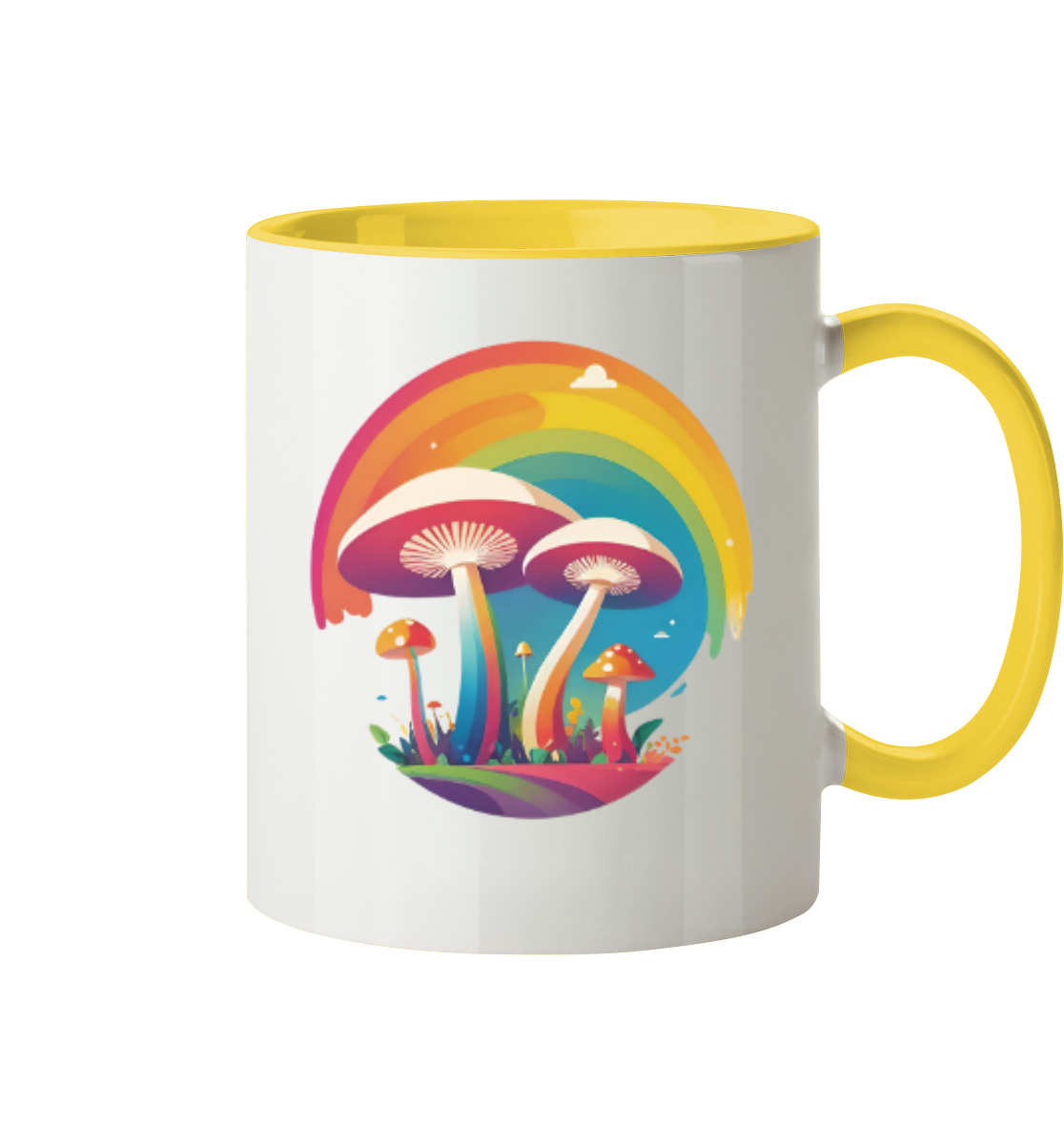 Bunte Keramiktasse mit einem illustrativen Motiv von Pilzen und einem Regenbogen.