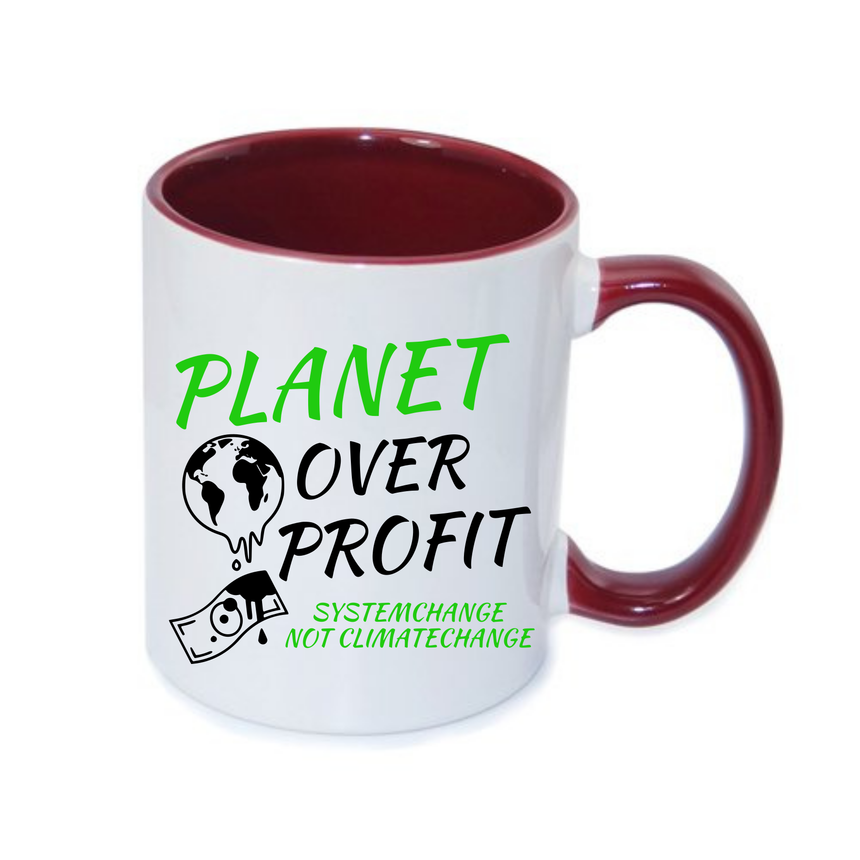 Keramiktasse mit dem Aufdruck "PLANET OVER PROFIT" und dem Schriftzug "SYSTEMCHANGE NOT CLIMATECHANGE".