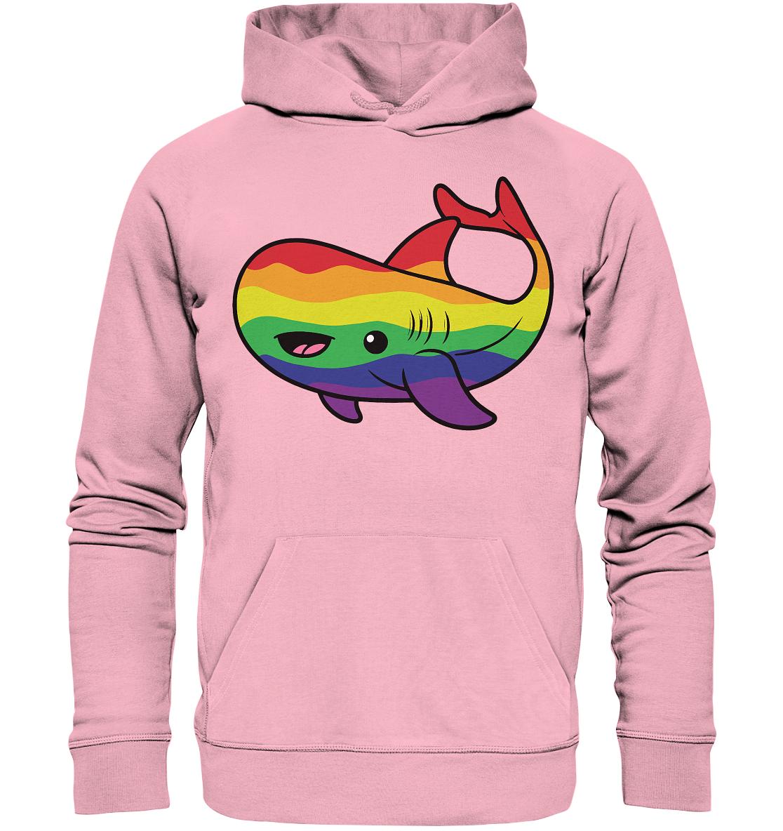 Niedlicher rosa Hoodie mit einem bunten, cartoonhaften Wal-Motiv im Regenbogen-Look.