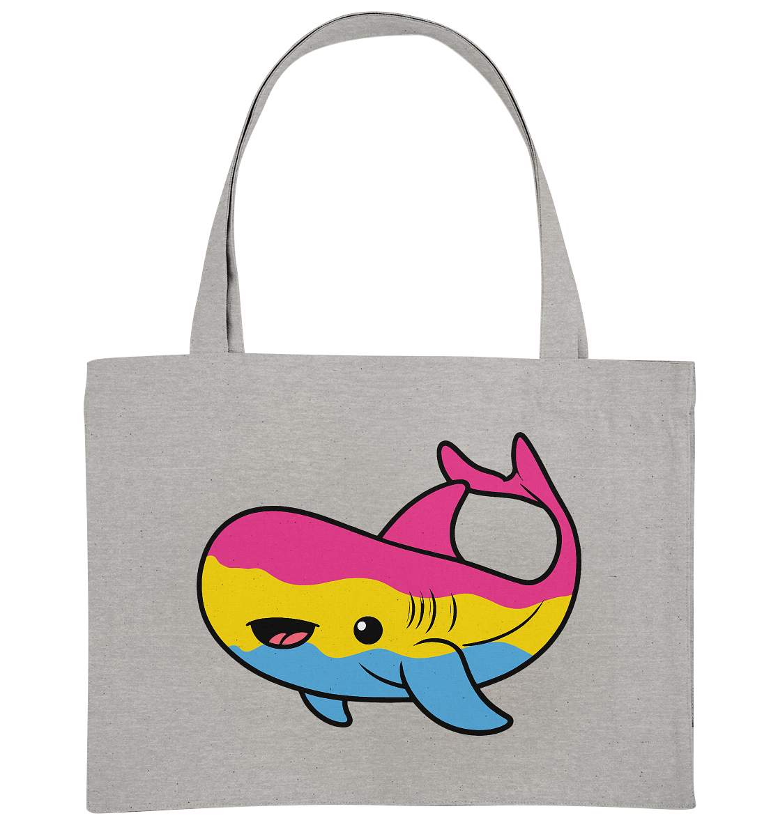 Grafische Schultertasche mit einem bunten Walsymbol in Pink, Gelb und Blau.