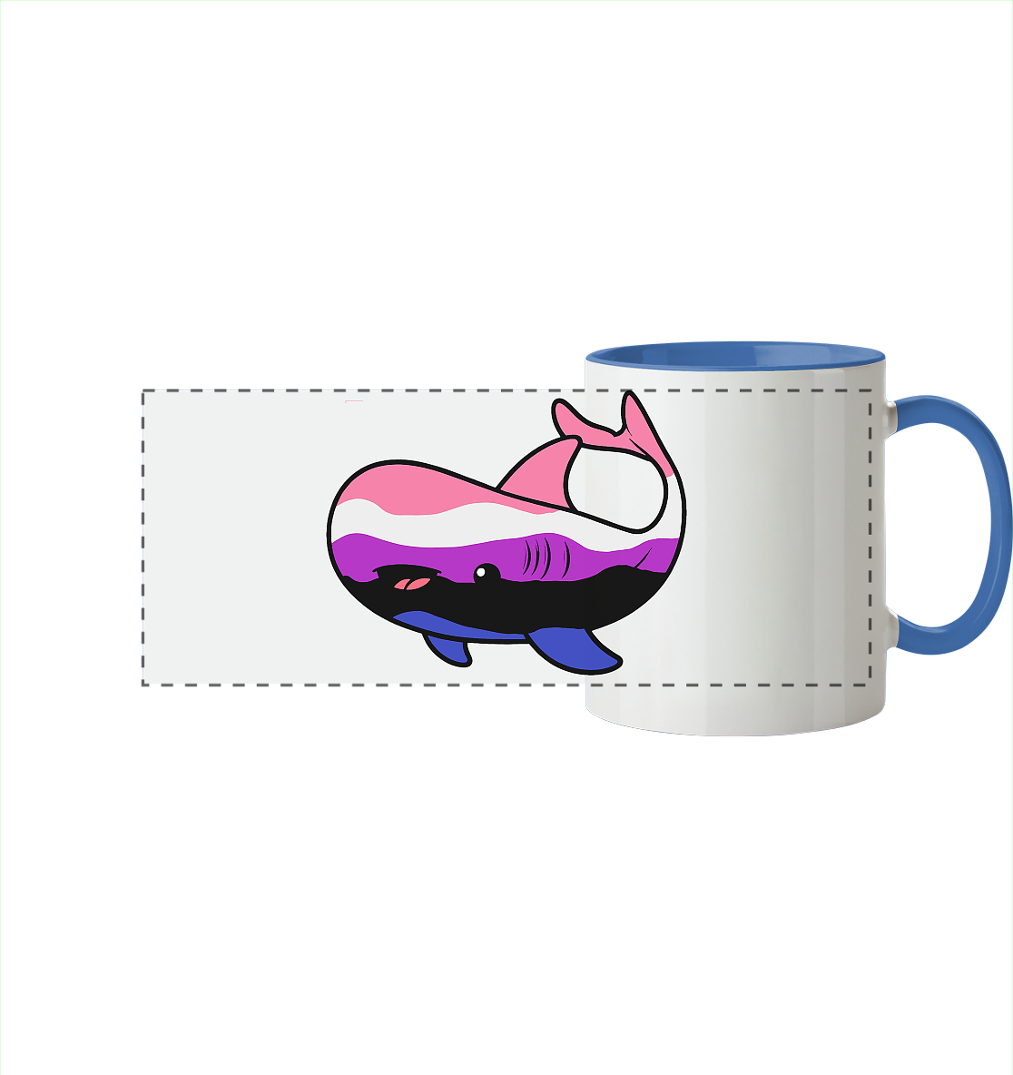 Bunte Tasse mit einer Illustration eines Wals in lila, rosa und schwarz.