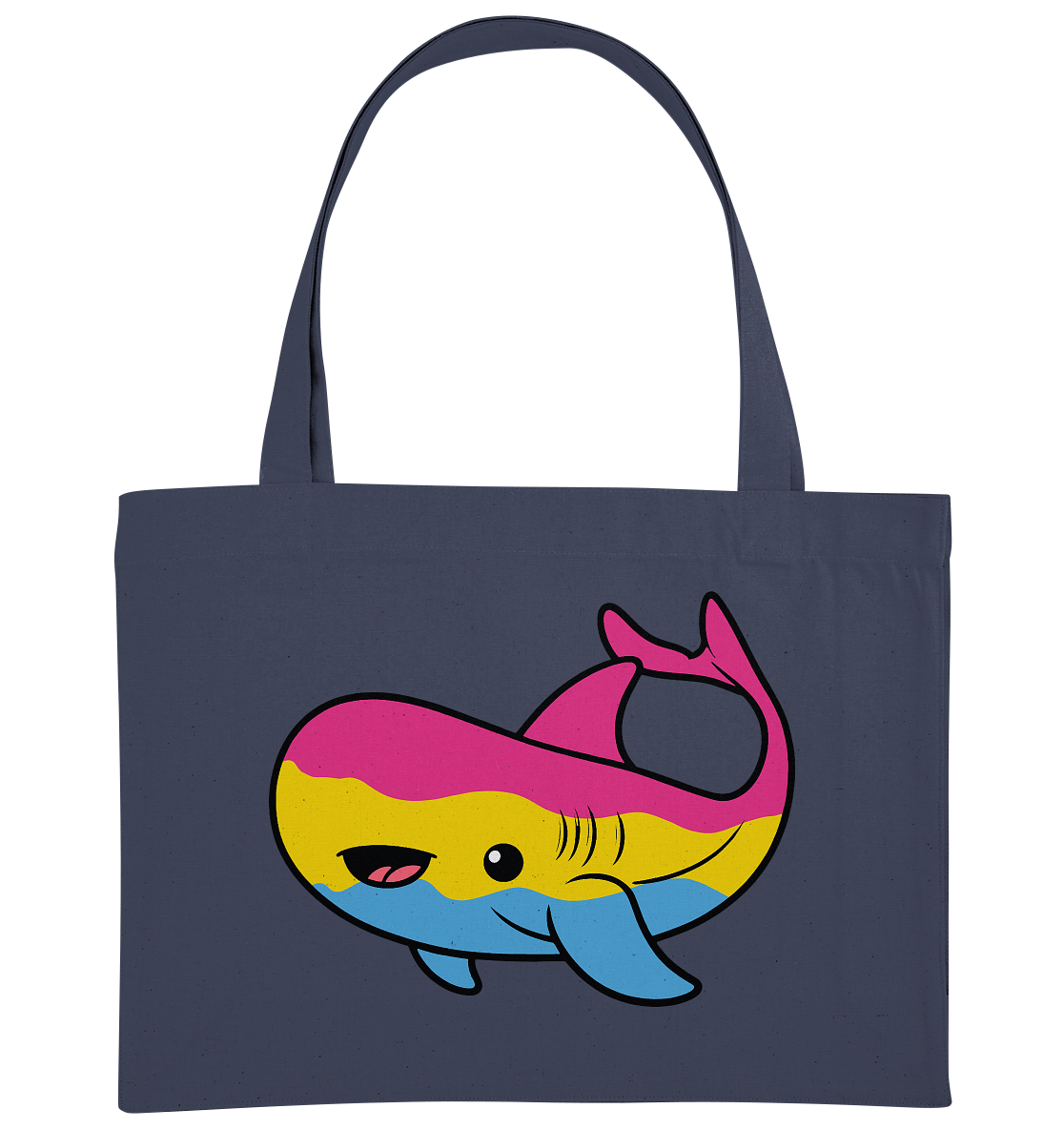 Bunte Einkaufstasche mit einem lächelnden Haifisch-Design in Pink, Gelb und Blau.