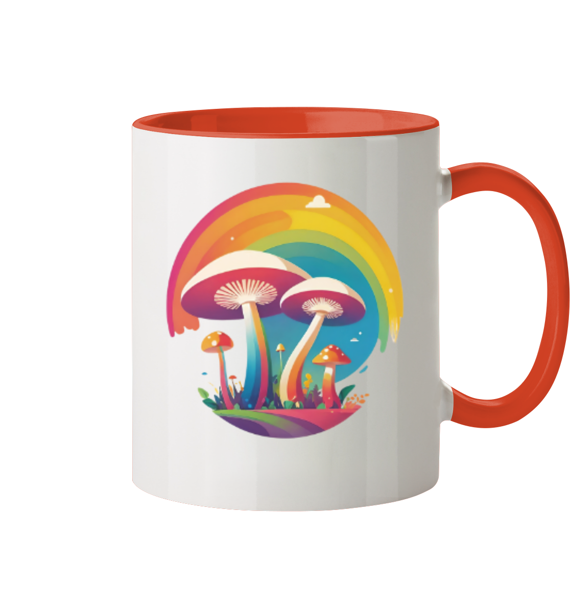 Bunte Tasse mit einem Motiv von Pilzen und einem Regenbogen.