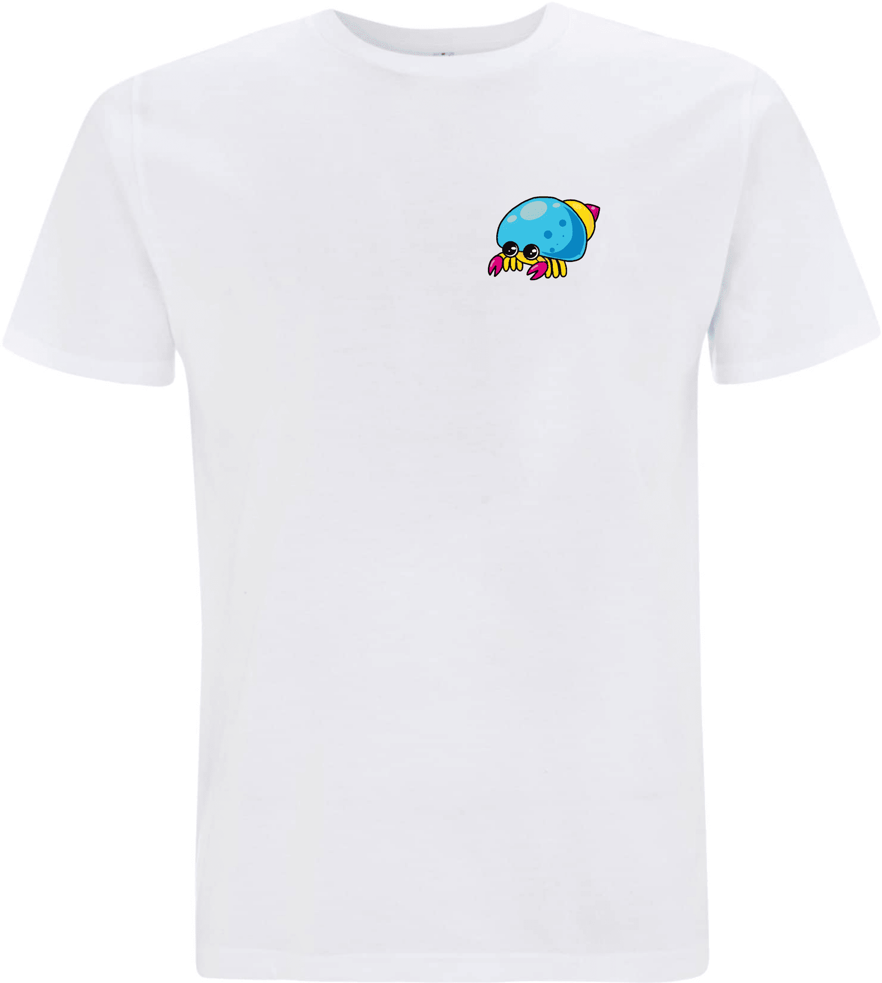 Weißes T-Shirt mit buntem, cartoonhaftem Kraken-Design auf der Brust.