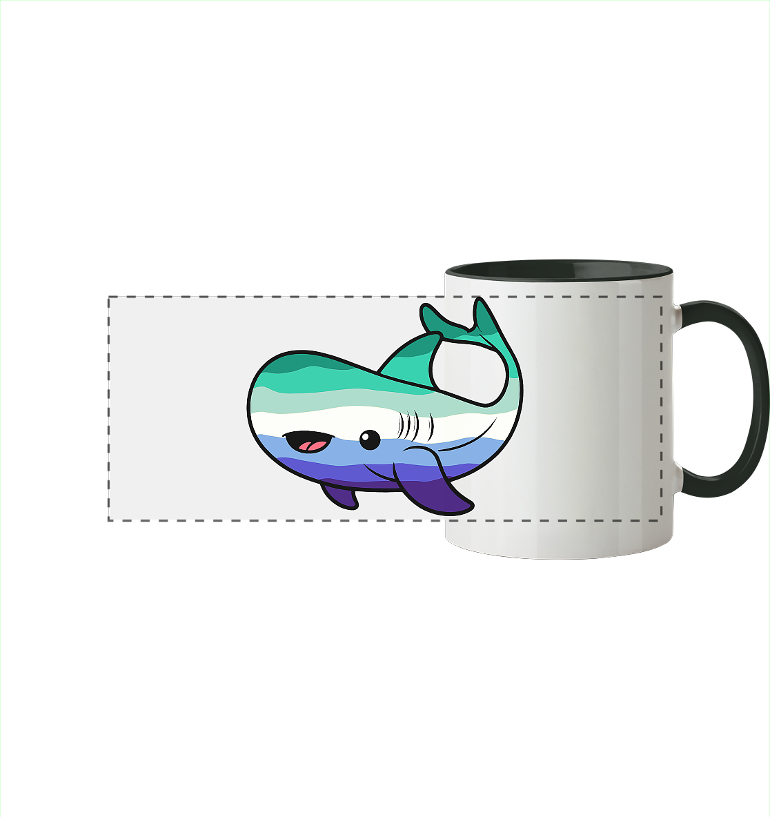 Bunte Tasse mit einem fröhlichen, stilisierten Haifisch-Design. 