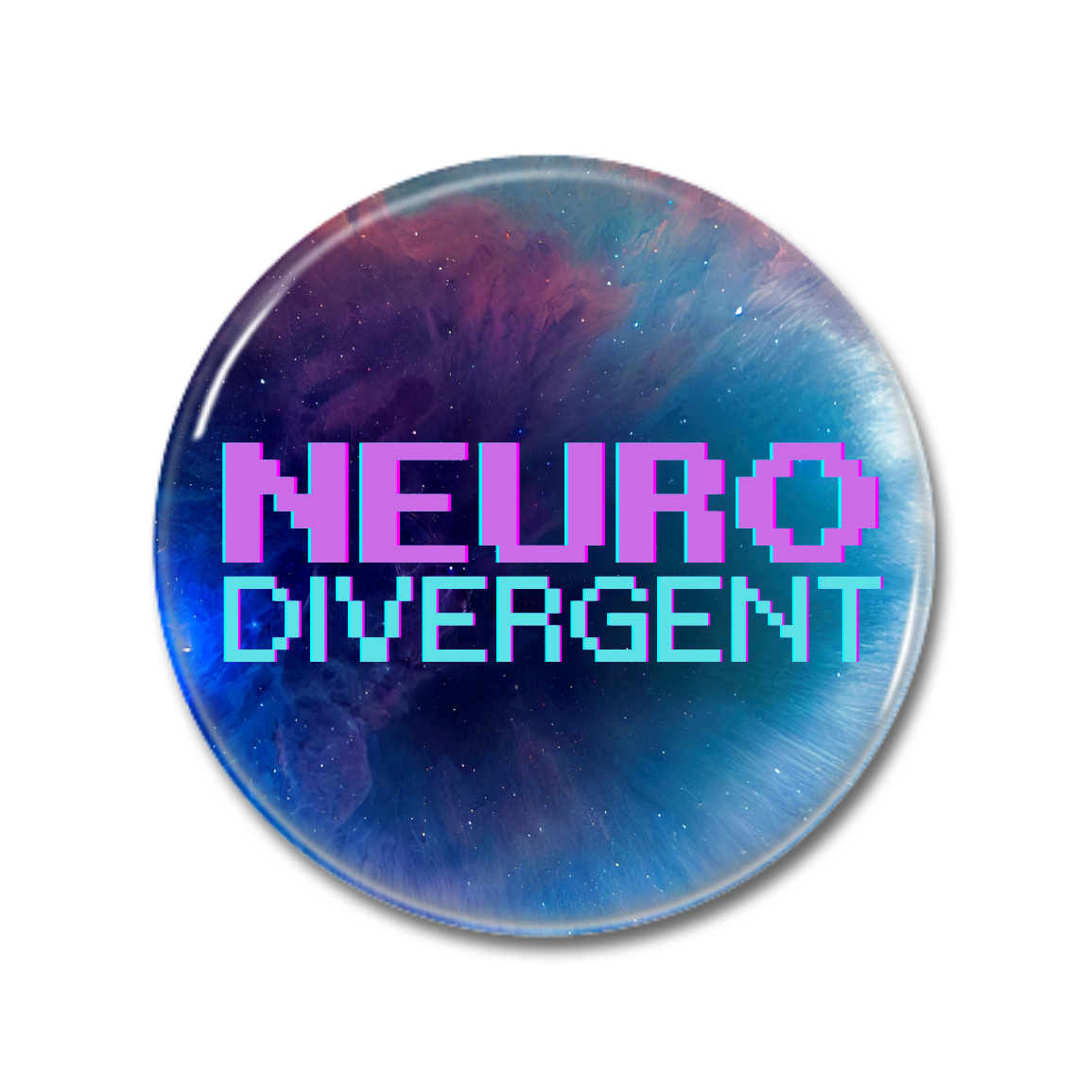 Button mit dem Text "NEURO DIVERGENT" in pixelartiger Schrift auf einem farbenfrohen, galaktischen Hintergrund.