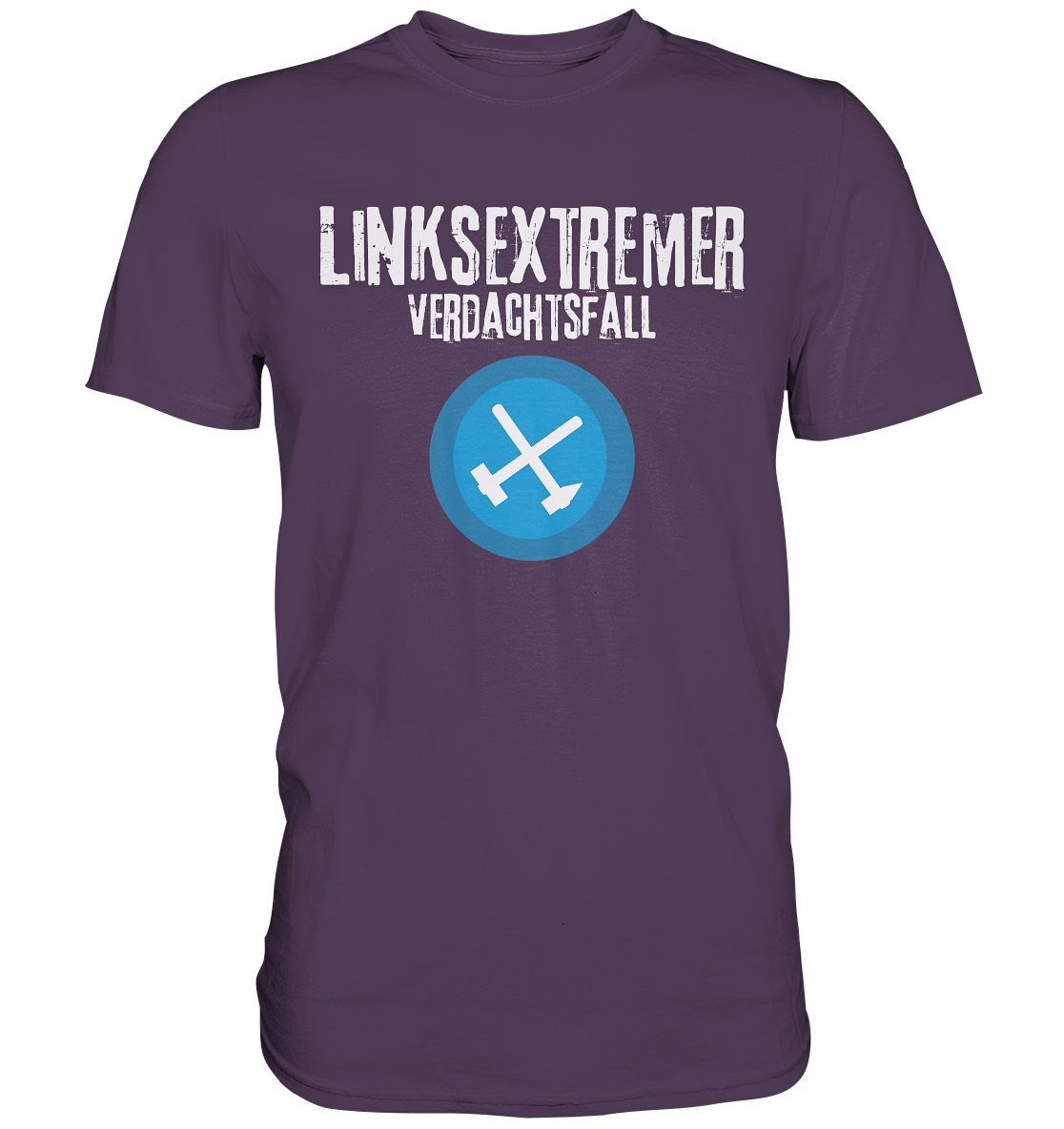 Lila T-Shirt mit dem Aufdruck "LINKSEXTREMER VERDACHTSFALL" und einem blauen Symbol mit zwei gekreuzten Werkzeugen.