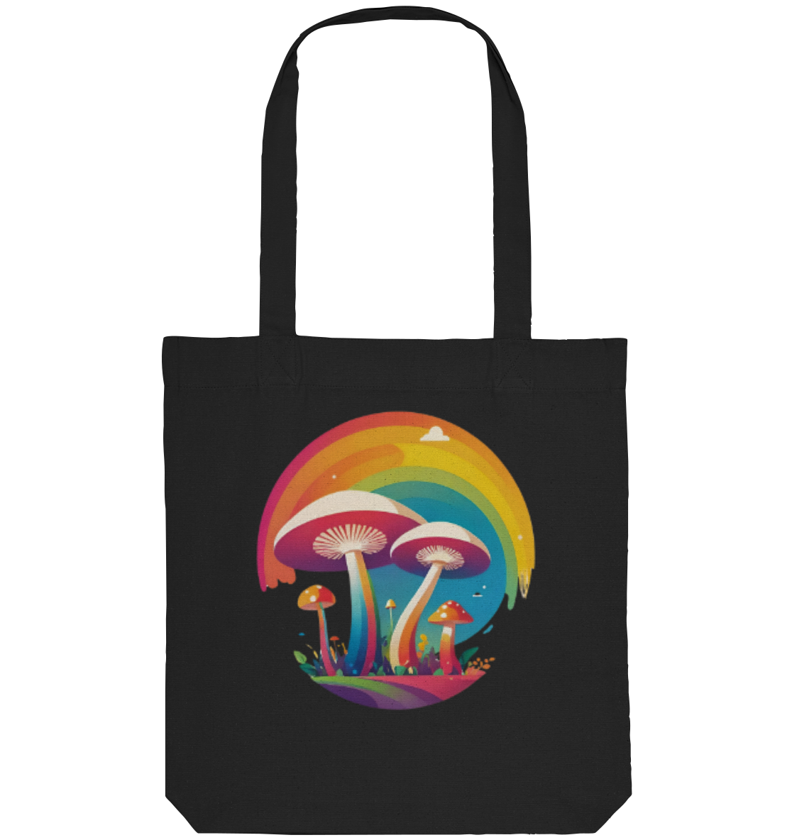 Bunte Tasche mit einem stilisierten Design von Pilzen und einem Regenbogen.