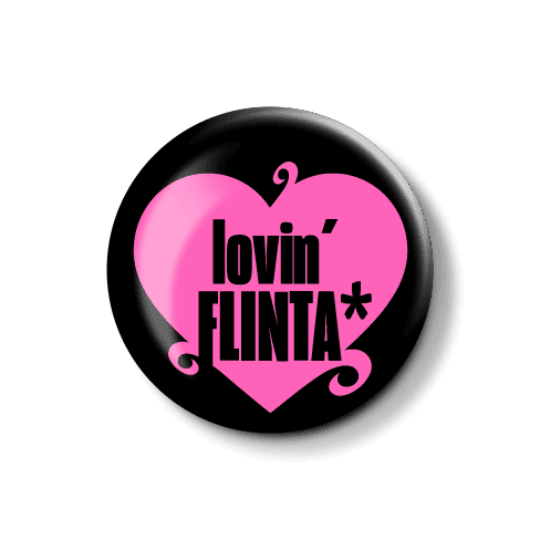 Lovin' FLINTA* Logo im pinken Herzdesign. Pinkes Herzlogo mit dem Text "lovin' FLINTA*".