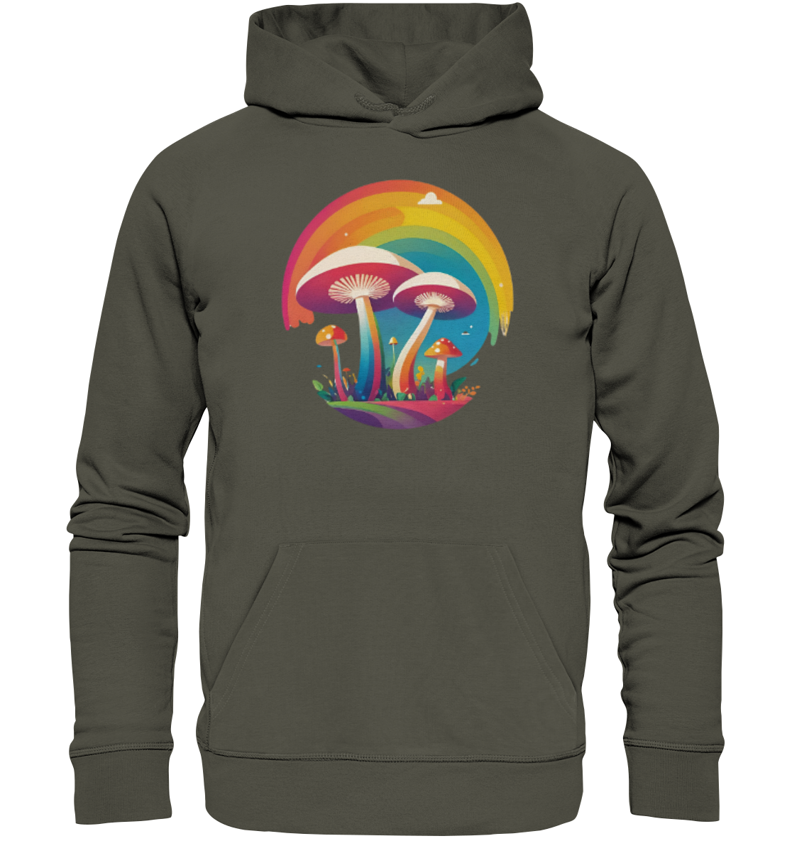 Hoodie mit buntem Pilzdesign und Regenbogenmotiven.