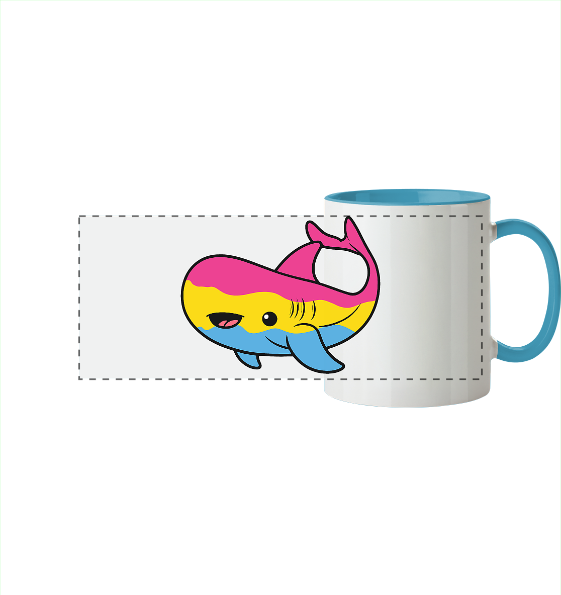 Farbige Tasse mit einem fröhlichen Walfisch-Motiv in Pink und Gelb.