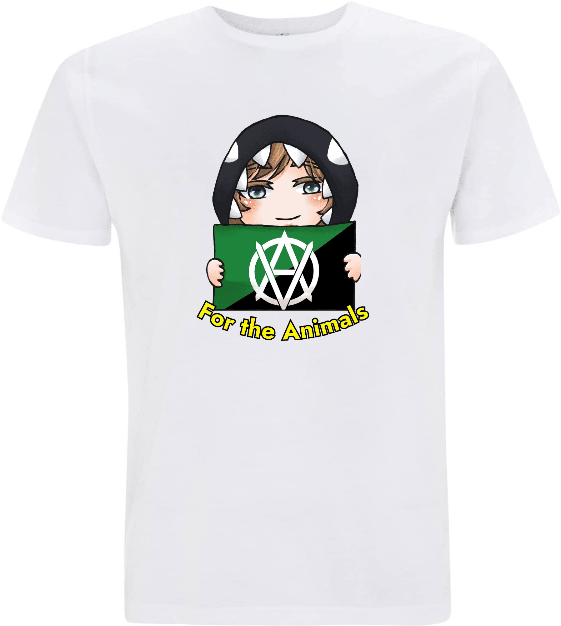 Weißes T-Shirt mit einem farbenfrohen, cartoonhaften Motiv und dem Text „For the Animals“.