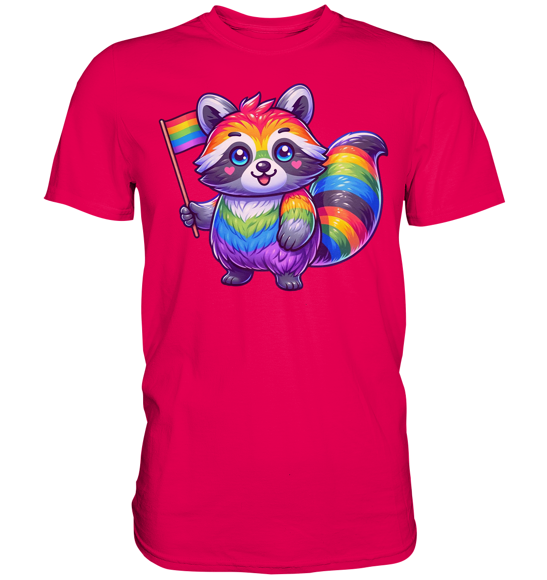 T-Shirt in leuchtendem Pink mit buntem, gezeichnetem Waschbären, der eine Regenbogenflagge hält.