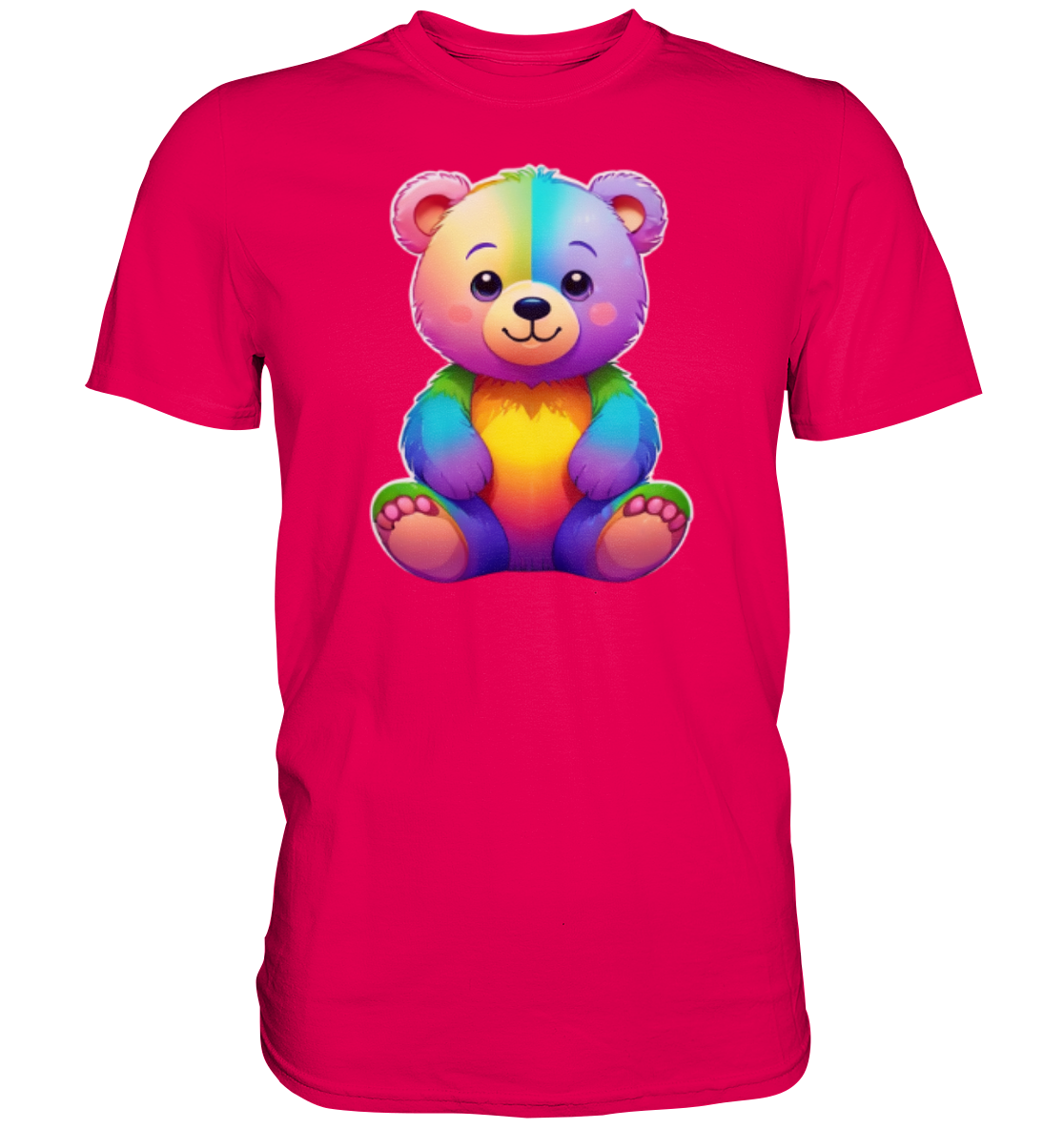 Buntes T-Shirt mit einem niedlichen, regenbogenfarbigen Bärenmotiv.