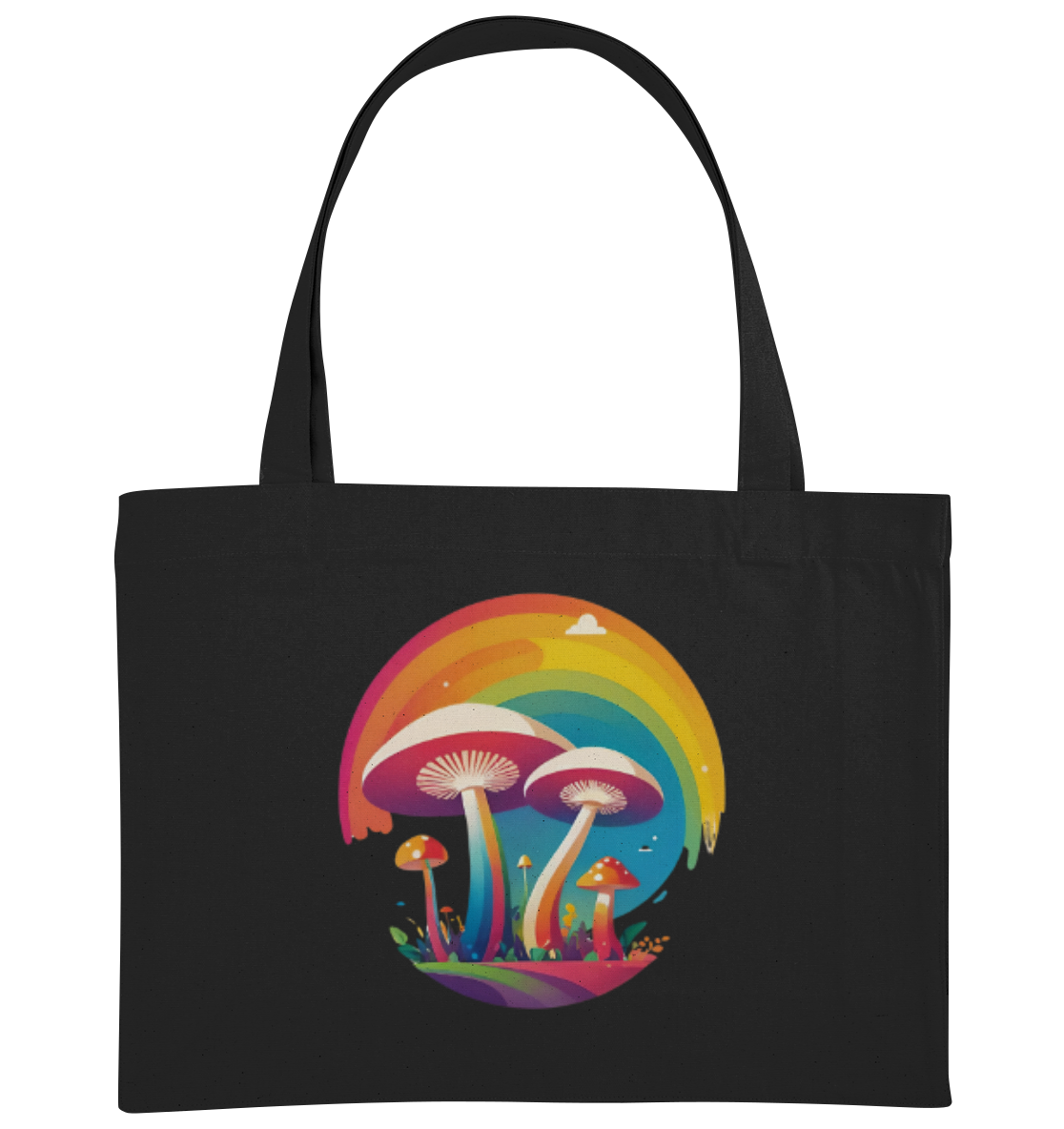 Tragetasche mit buntem Pilzdesign und Regenbogenmotiv.