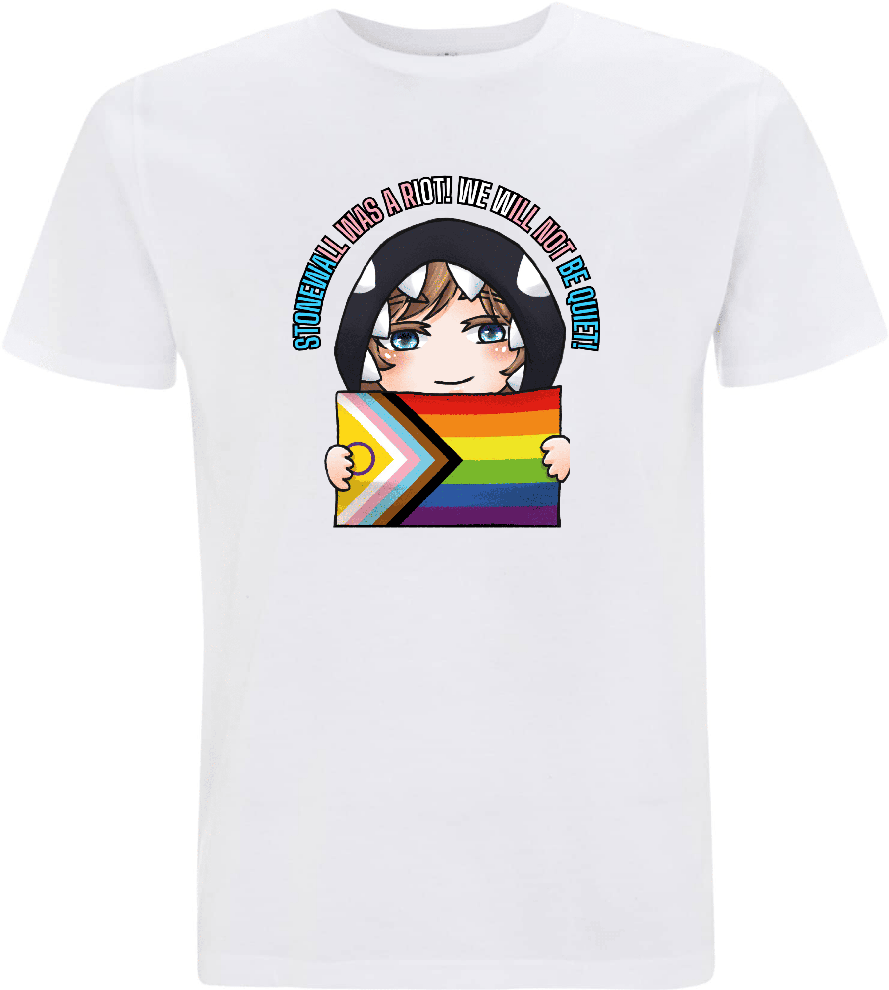 Weißes T-Shirt mit einem bunten, cartoonhaften Design, das einen Charakter zeigt, der eine Regenbogenflagge hält und den Spruch "Stonewall was a riot! We will not be quiet!" trägt.