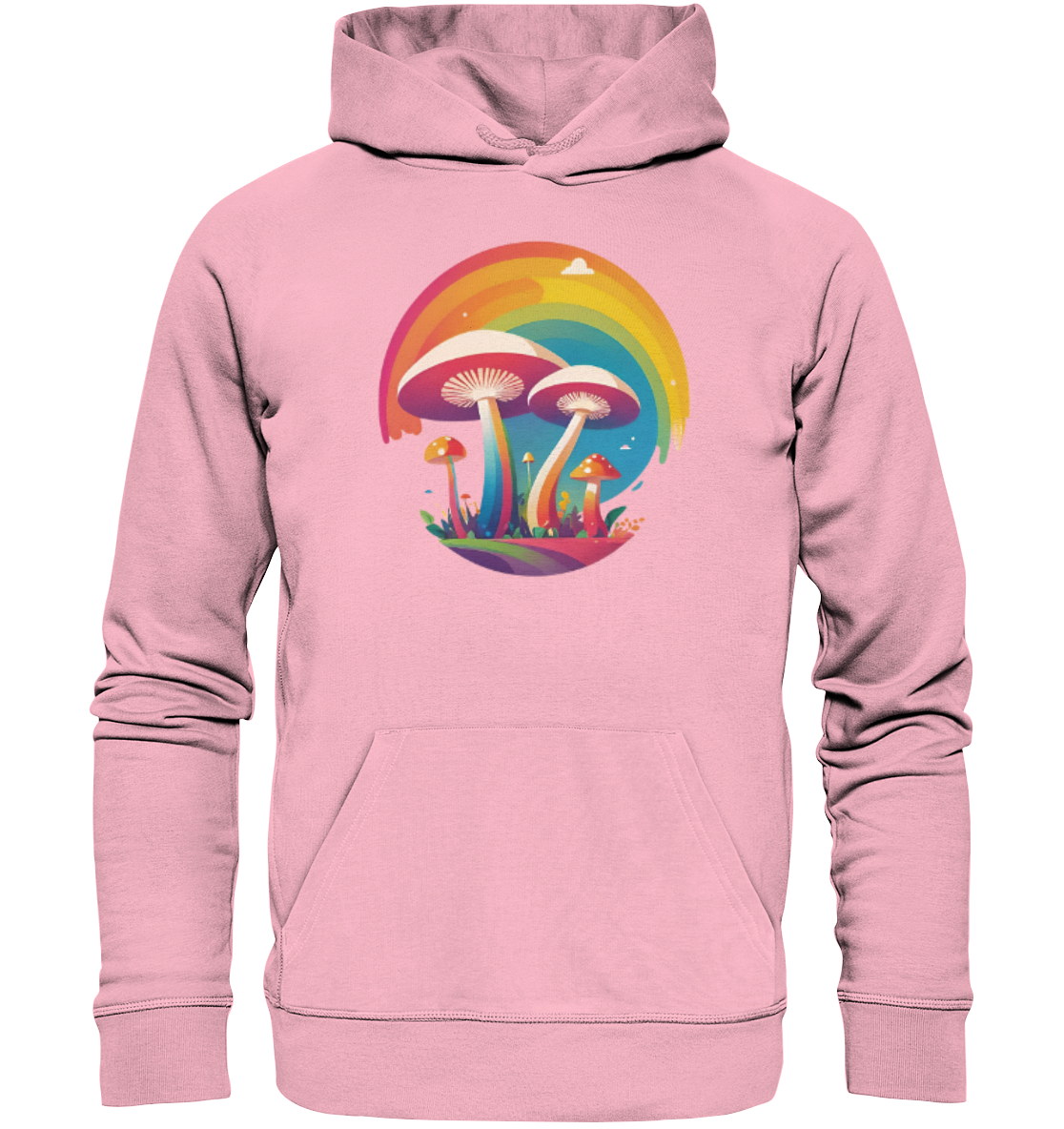 Pink Hoodie mit buntem Pilz-Design und Regenbogen.