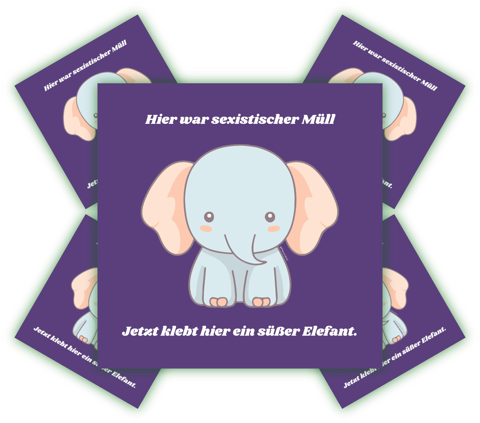 Aufkleber mit Elefantenmotiven und humorvollem Text über Geschlechtergerechtigkeit. Runde Aufkleber mit einem süßen, cartoonhaften Elefanten und dem Text „Jetzt klebt hier ein süßer Elefant.“