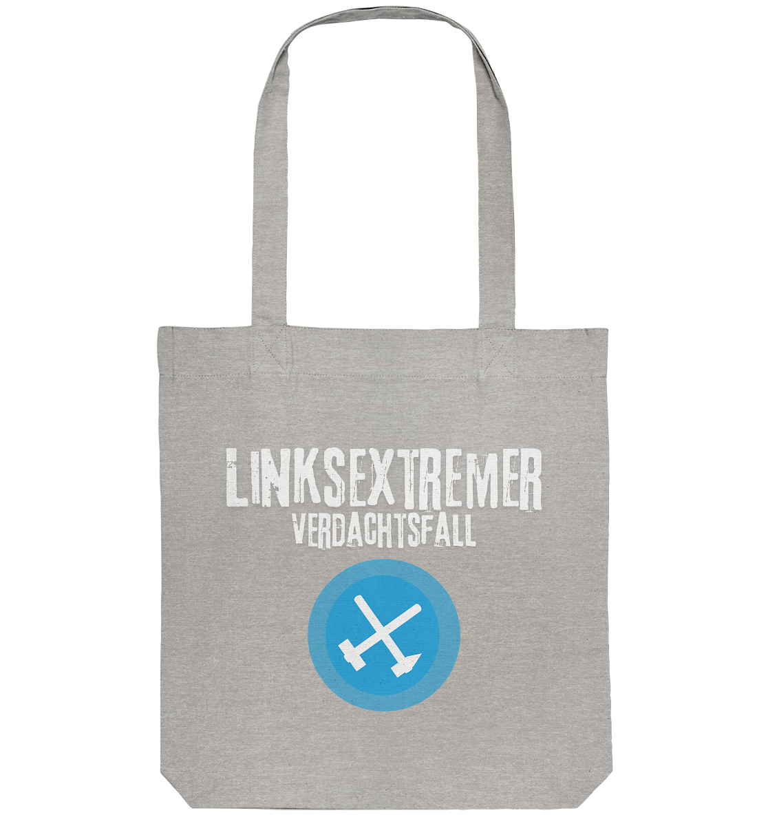 Graue Stofftasche mit dem Aufdruck "LINKSEXTERMER VERDACHTSFALL" und einem blauen Symbol mit gekreuzten Werkzeugen.