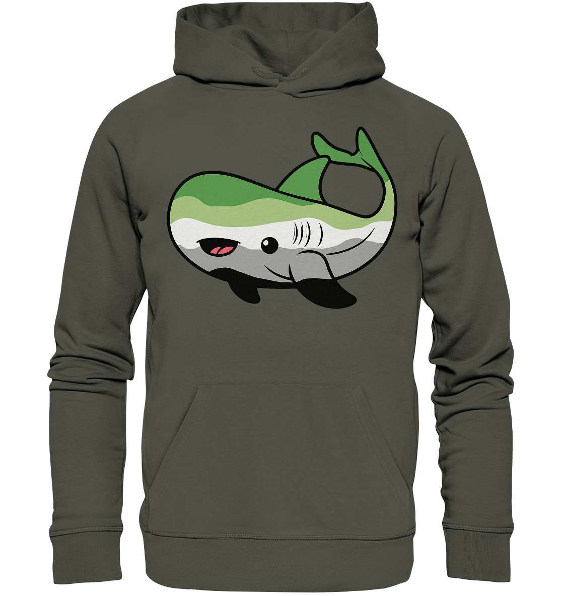 Hoodie mit einem niedlichen, cartoonhaften Wal-Design in grünen und grauen Farbtönen.