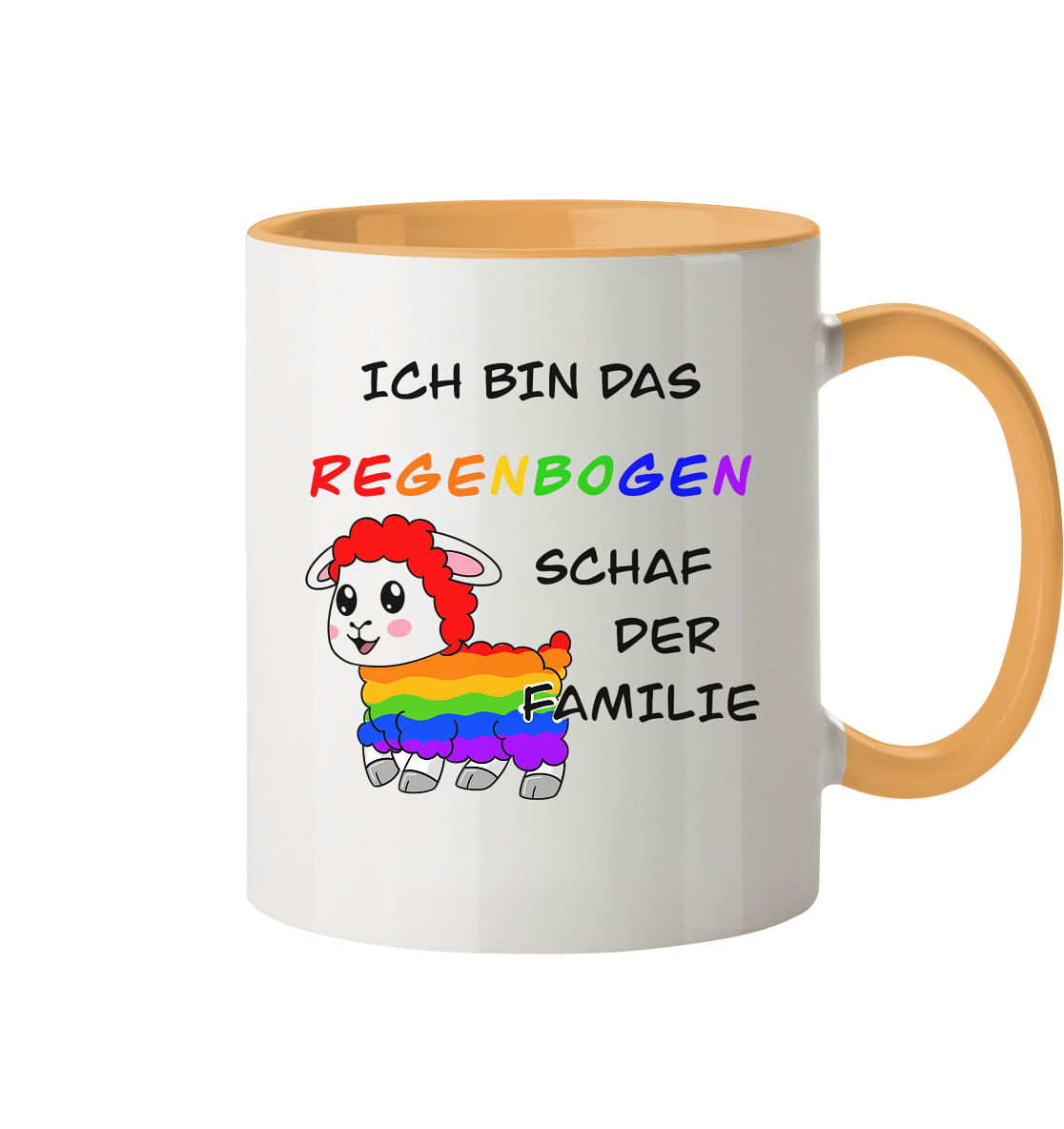 Bunte Tasse mit einem niedlichen, cartoonhaften Schaf und dem Spruch "Ich bin das Regenbogen-Schaf der Familie".