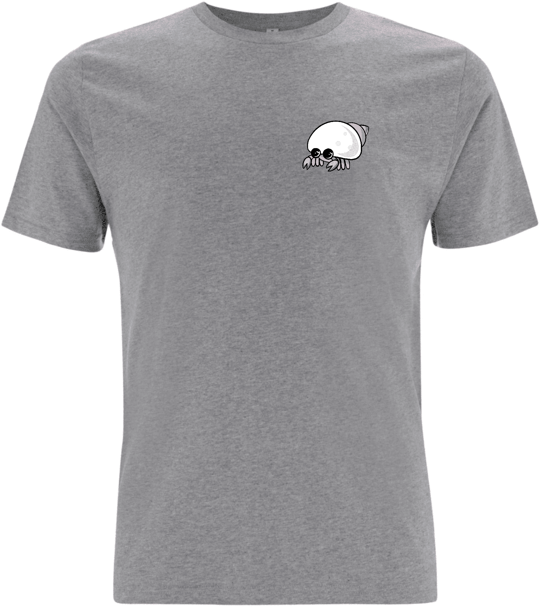 Graues T-Shirt mit einem niedlichen, cartoonhaften Krabben-Motiv auf der linken Brustseite.
