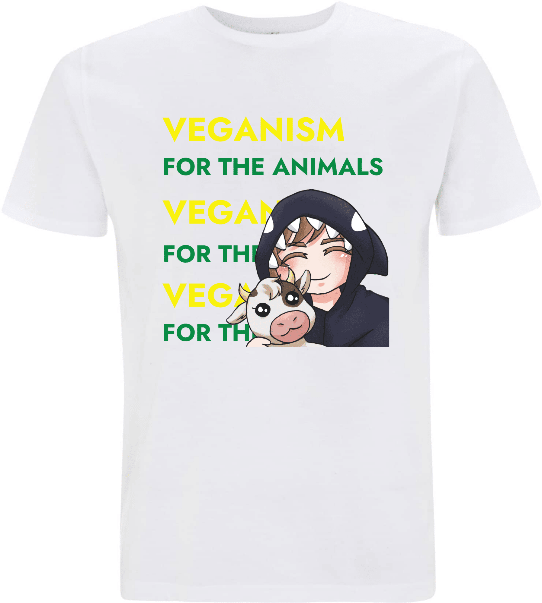 Weißes T-Shirt mit buntem Aufdruck, der das Wort "VEGANISM" sowie eine Cartoonfigur mit einer Kuh zeigt.