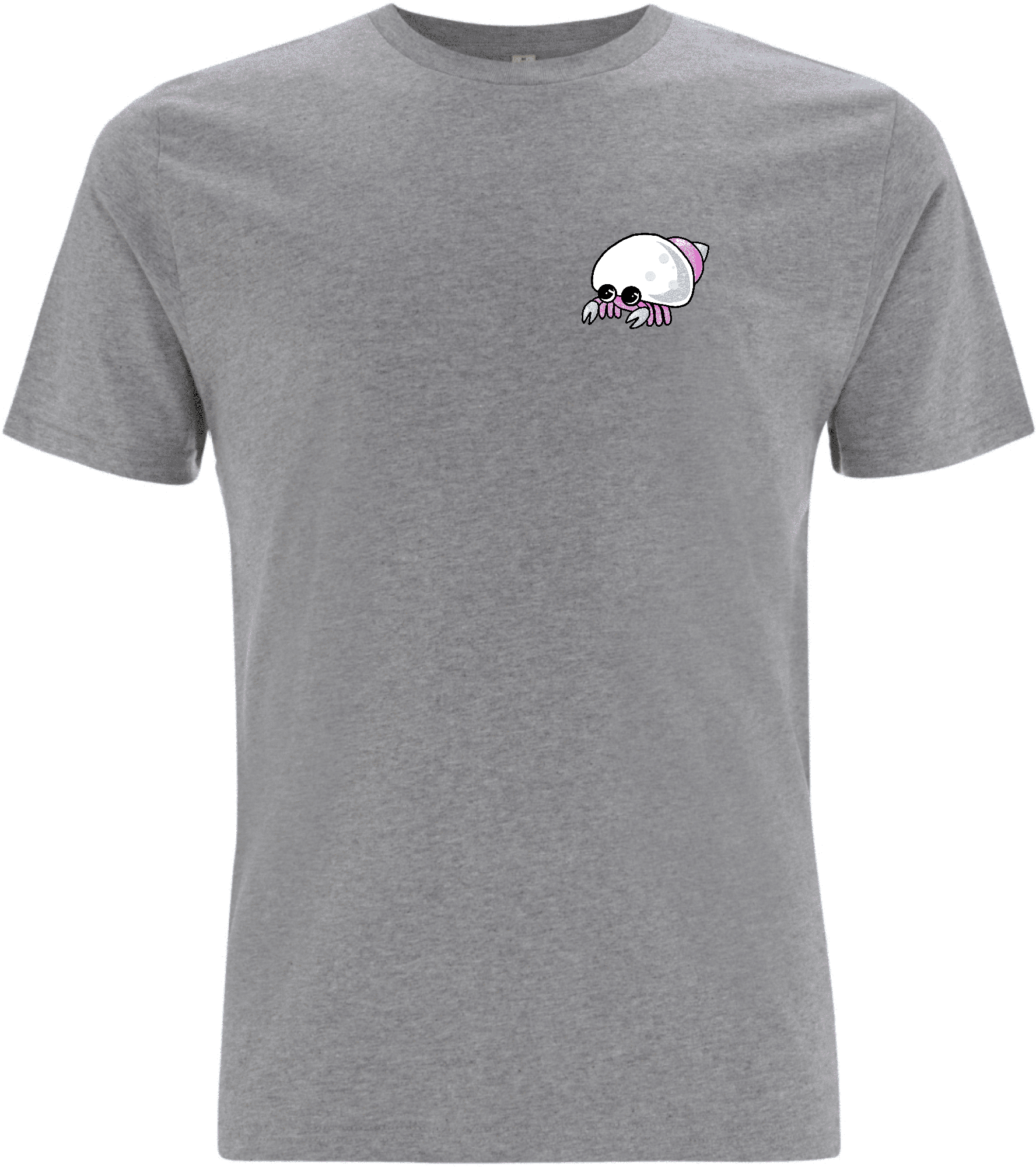 Graues T-Shirt mit einem bunten, cartoonhaften Tintenfisch-Motiv auf der linken Brustseite.