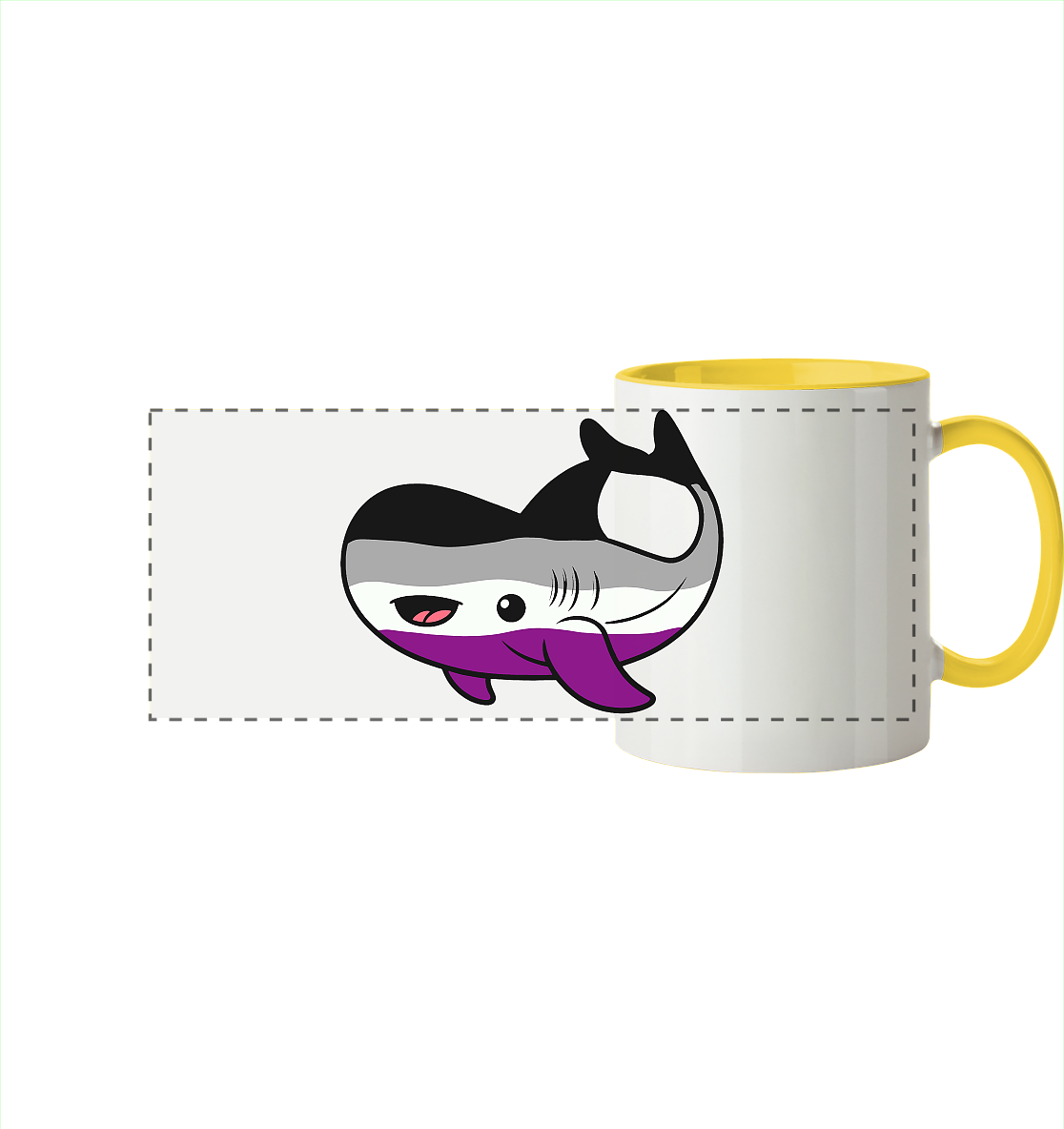 Bunte Tasse mit einem niedlichen, cartoonhaften Hai-Design in Schwarz, Weiß und Lila.