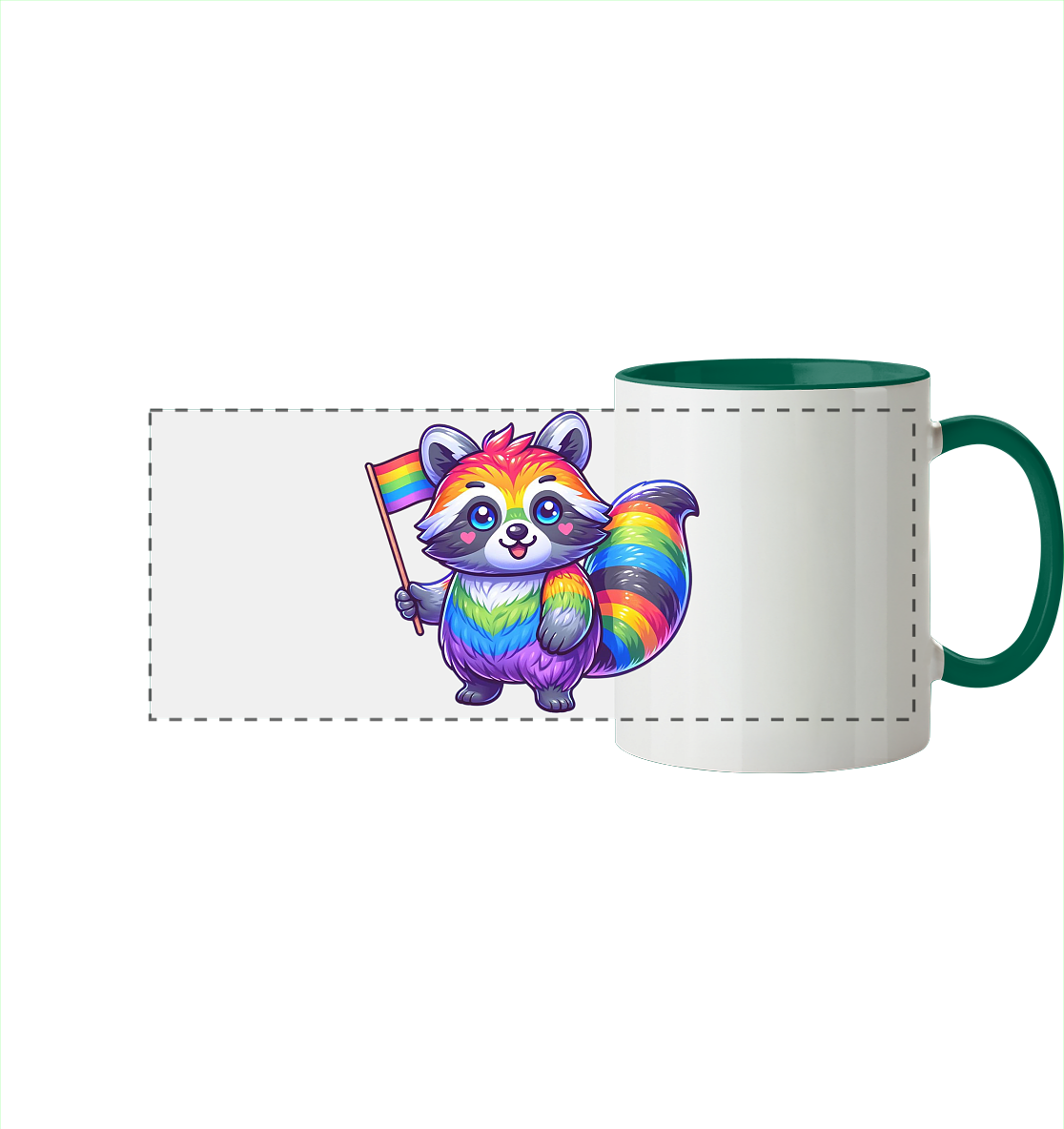 Bunte Tasse mit einem niedlichen, regenbogenfarbigen Waschbär, der eine Flagge hält.