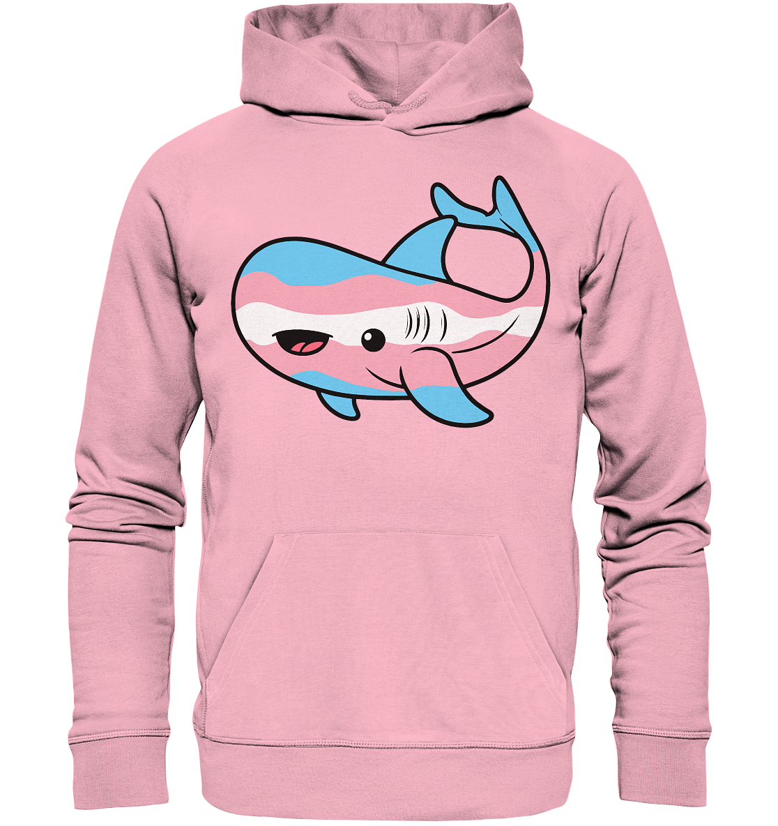 Rosa Hoodie mit einem niedlichen, cartoonhaften Wal-Motiv in Blau und Weiß.