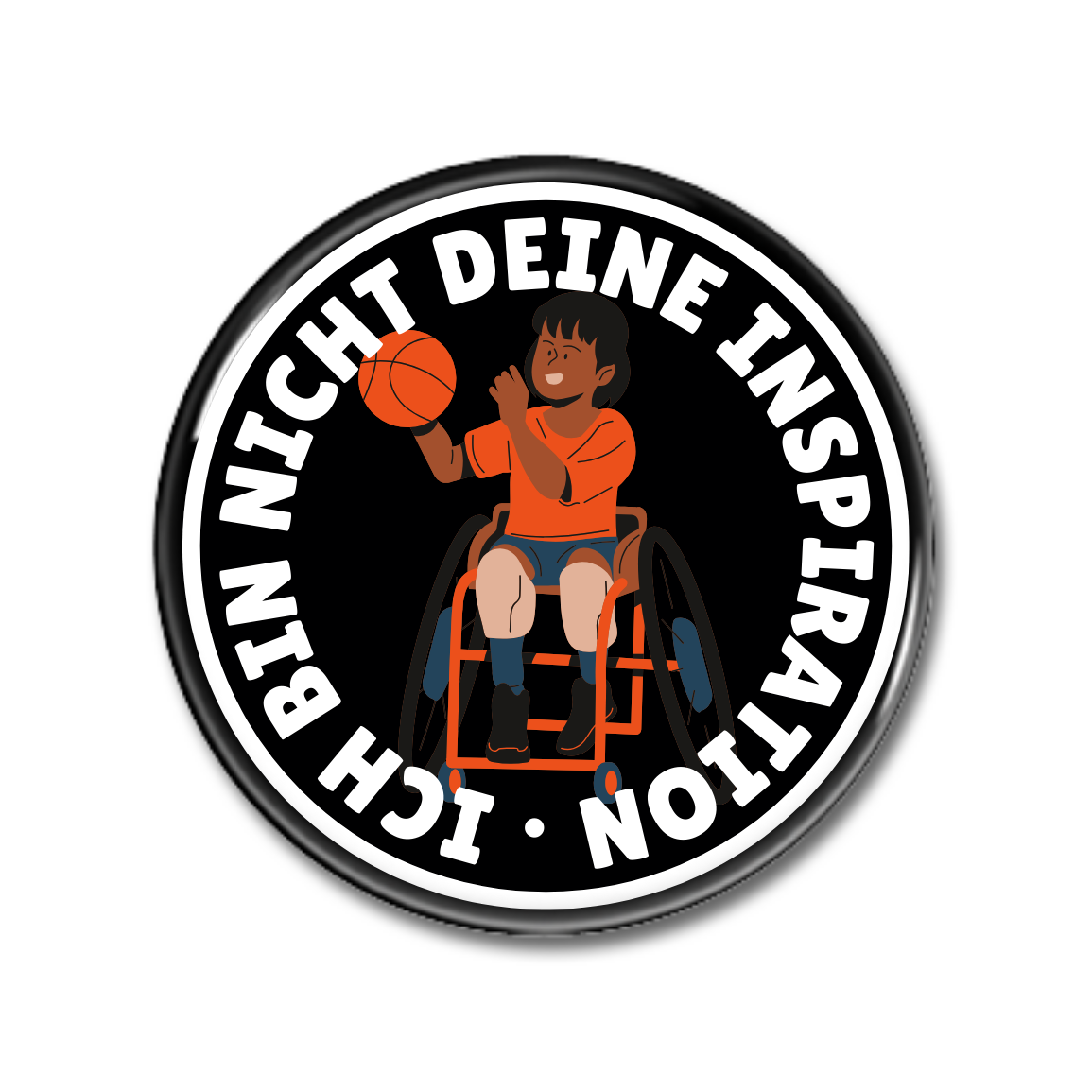 Runde Grafik mit einem fröhlichen Kind im Rollstuhl, das einen Basketball hält und trägt ein oranges Trikot, umgeben von dem Text „Ich bin nicht deine Inspiration“.