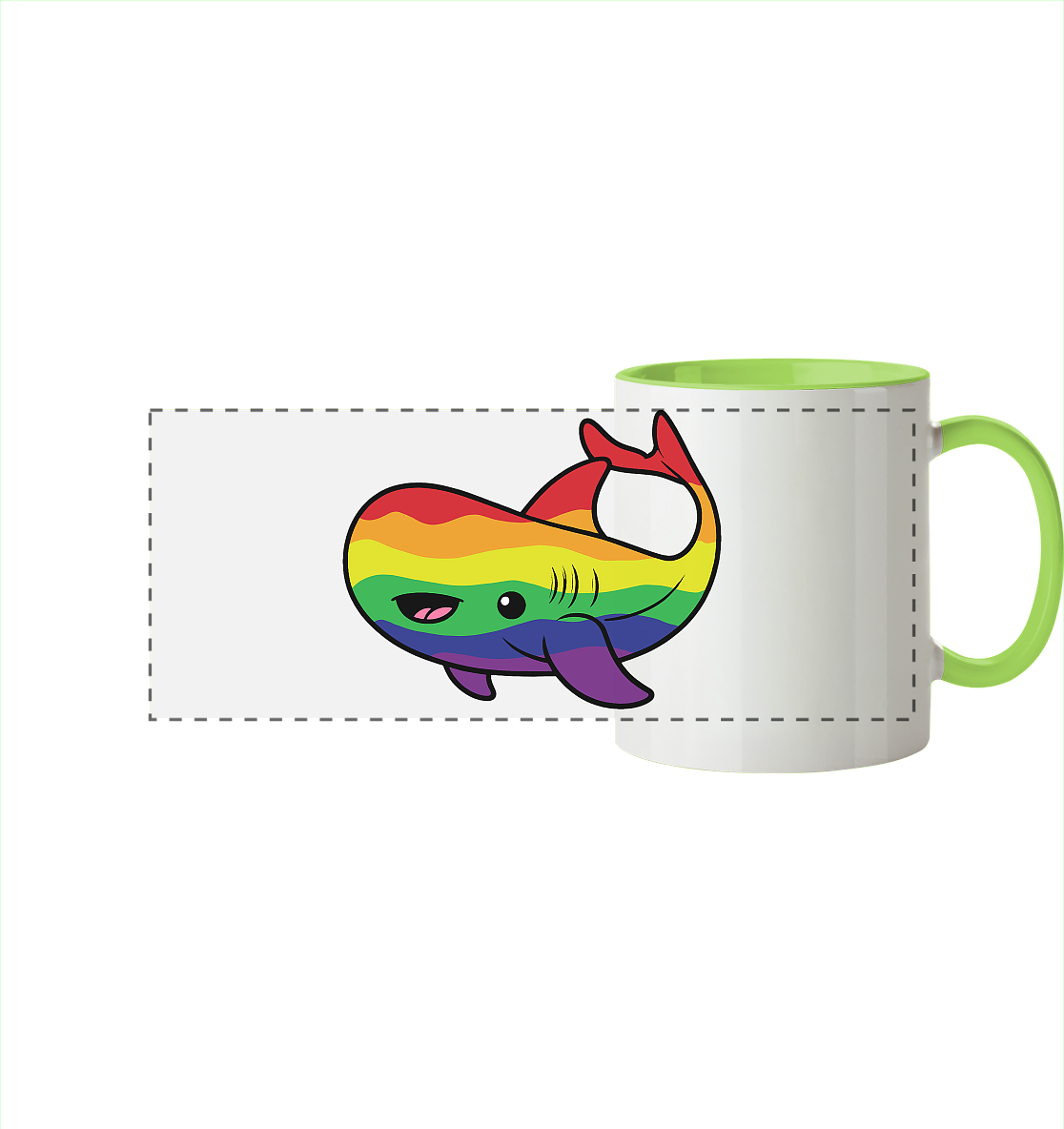 Bunte Tasse mit einem fröhlichen, regenbogenfarbenen Hai-Design.  