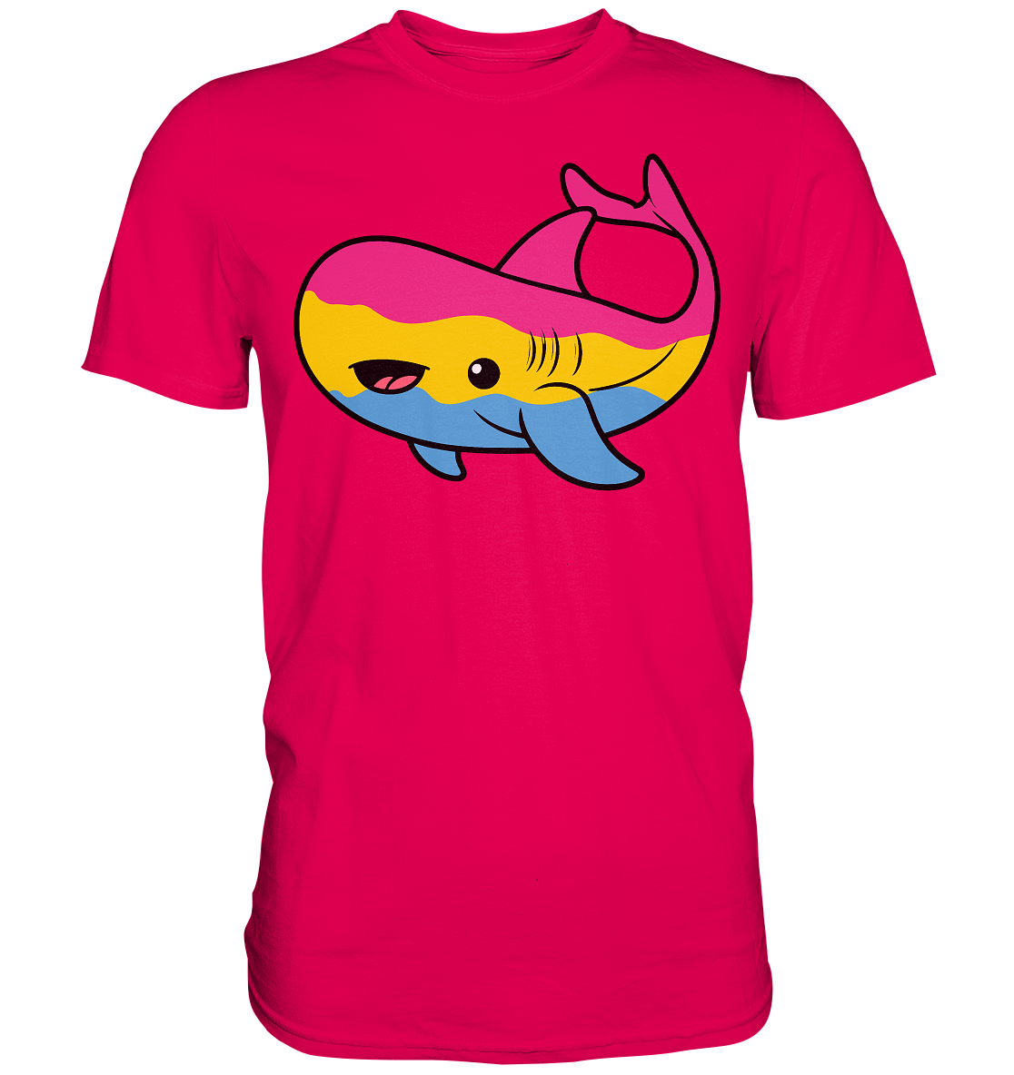 Leuchtend rosa T-Shirt mit buntem Wal-Design.