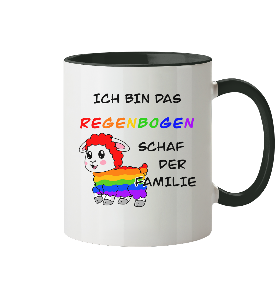 Bunte Tasse mit dem Aufdruck "Ich bin das Regenbogen-Schaf der Familie" und einer Grafik eines niedlichen Schafs in Regenbogenfarben.