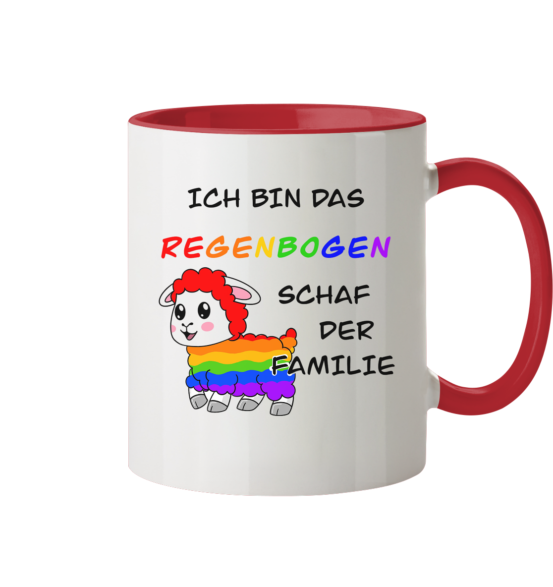 Lustige Tasse mit einem bunten Regenbogenschaf und dem Spruch "Ich bin das Regenbogen-Schaf der Familie".