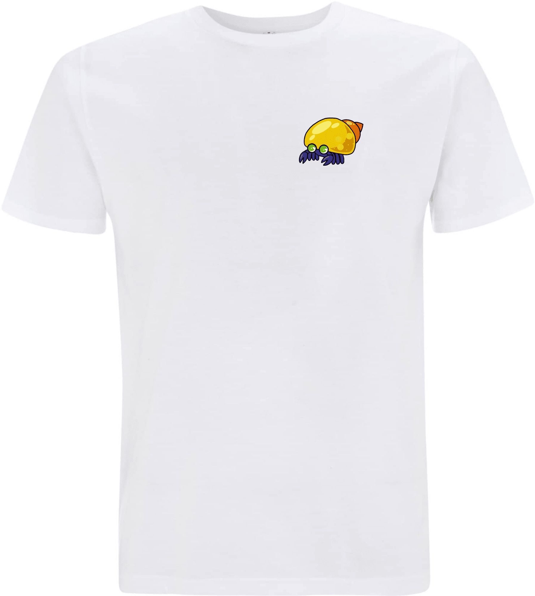 Weißes T-Shirt mit buntem, cartoonhaftem Krabben-Design auf der linken Brust.
