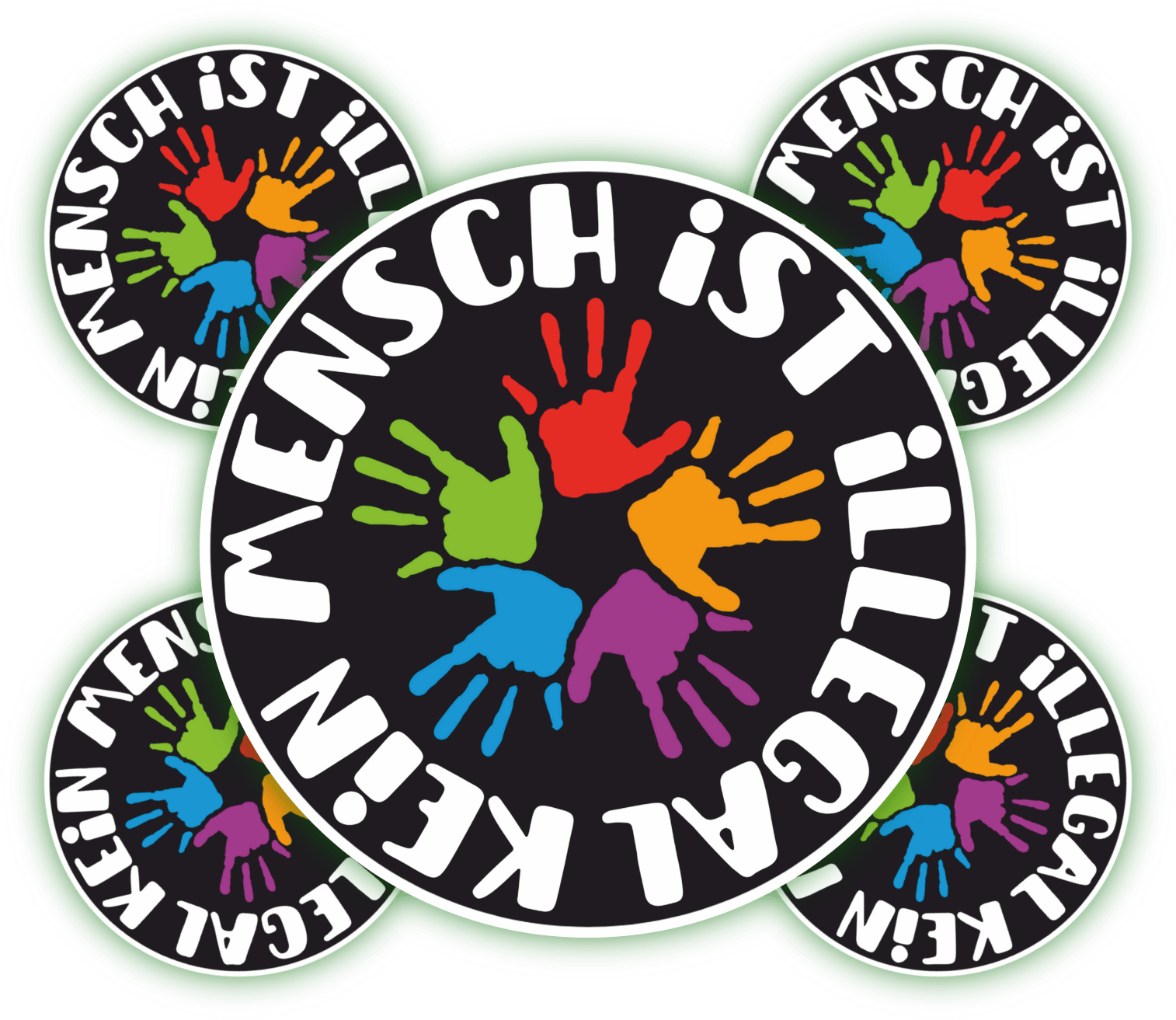 Bunte Aufkleber mit Handabdrücken und dem Spruch "MENSCH IST KEIN ILLEGAL". Ein Set von runden Aufklebern mit bunten Handabdrücken und dem Schriftzug "MENSCH IST KEIN ILLEGAL".