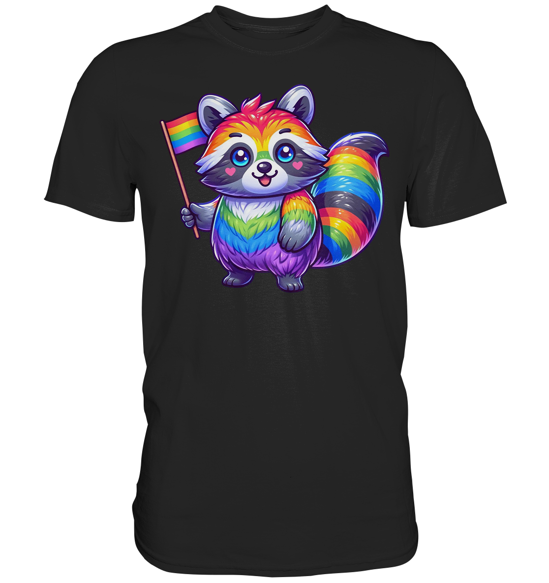 Buntes T-Shirt mit einem niedlichen, regenbogenfarbenen Waschbären, der eine kleine Pride-Flagge hält.