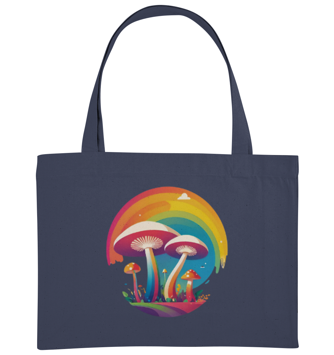 Taschen mit buntem Pilzdesign unter einem Regenbogen.