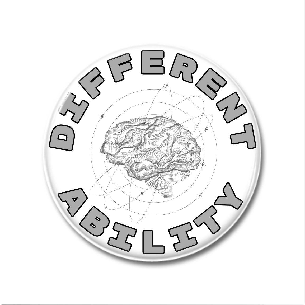 Button mit dem Aufdruck "DIFFERENT ABILITY" und einer grafischen Darstellung eines Gehirns.