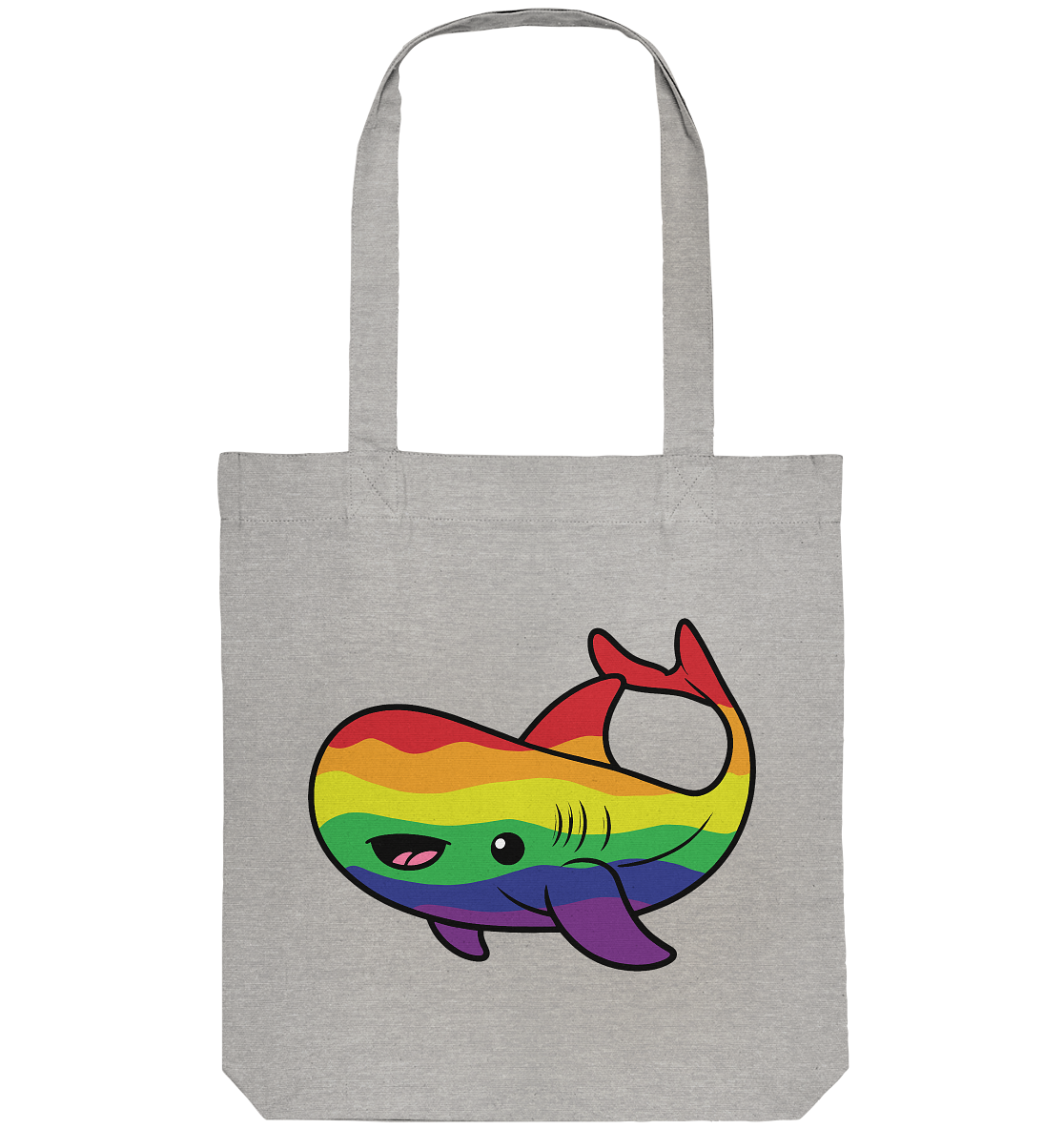 Stofftasche mit einem bunten, cartoonhaften Wal im Regenbogen-Design.