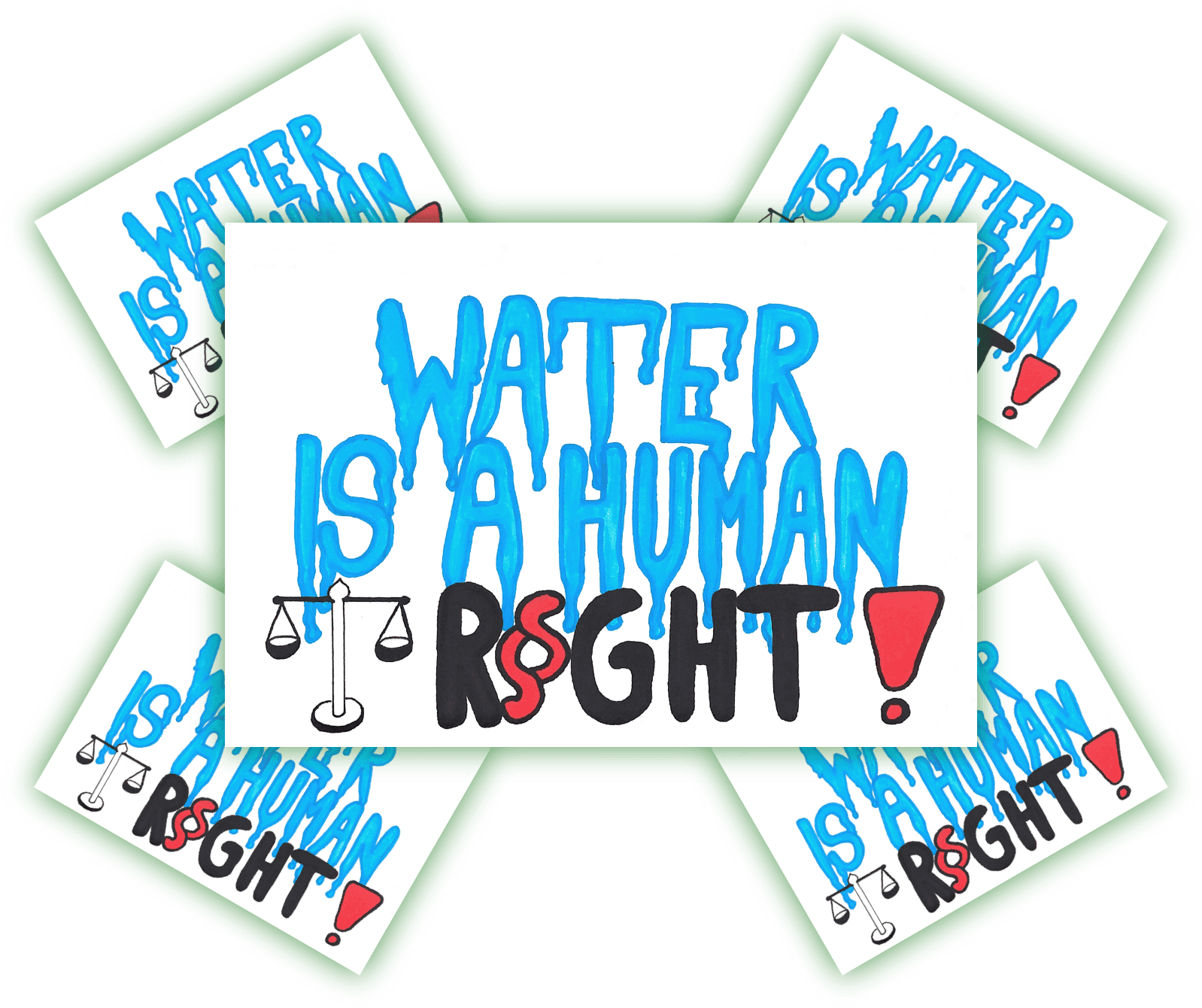 Künstlerisches Plakat, das das Recht auf Wasser thematisiert. Bunte Illustration mit dem Text „WATER IS A HUMAN RIGHT!“ und einer Waage.