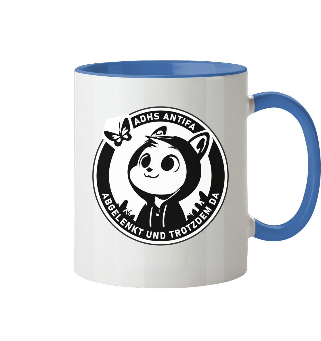 Tasse mit einem niedlichen Panda-Design und dem Schriftzug "ADHS Antifa – Abgelenkt und trotzdem da".