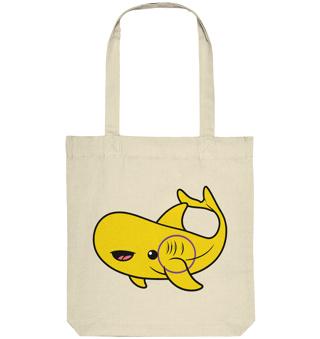 Gelbe Stofftasche mit einem niedlichen Illustration eines lächelnden Wals.