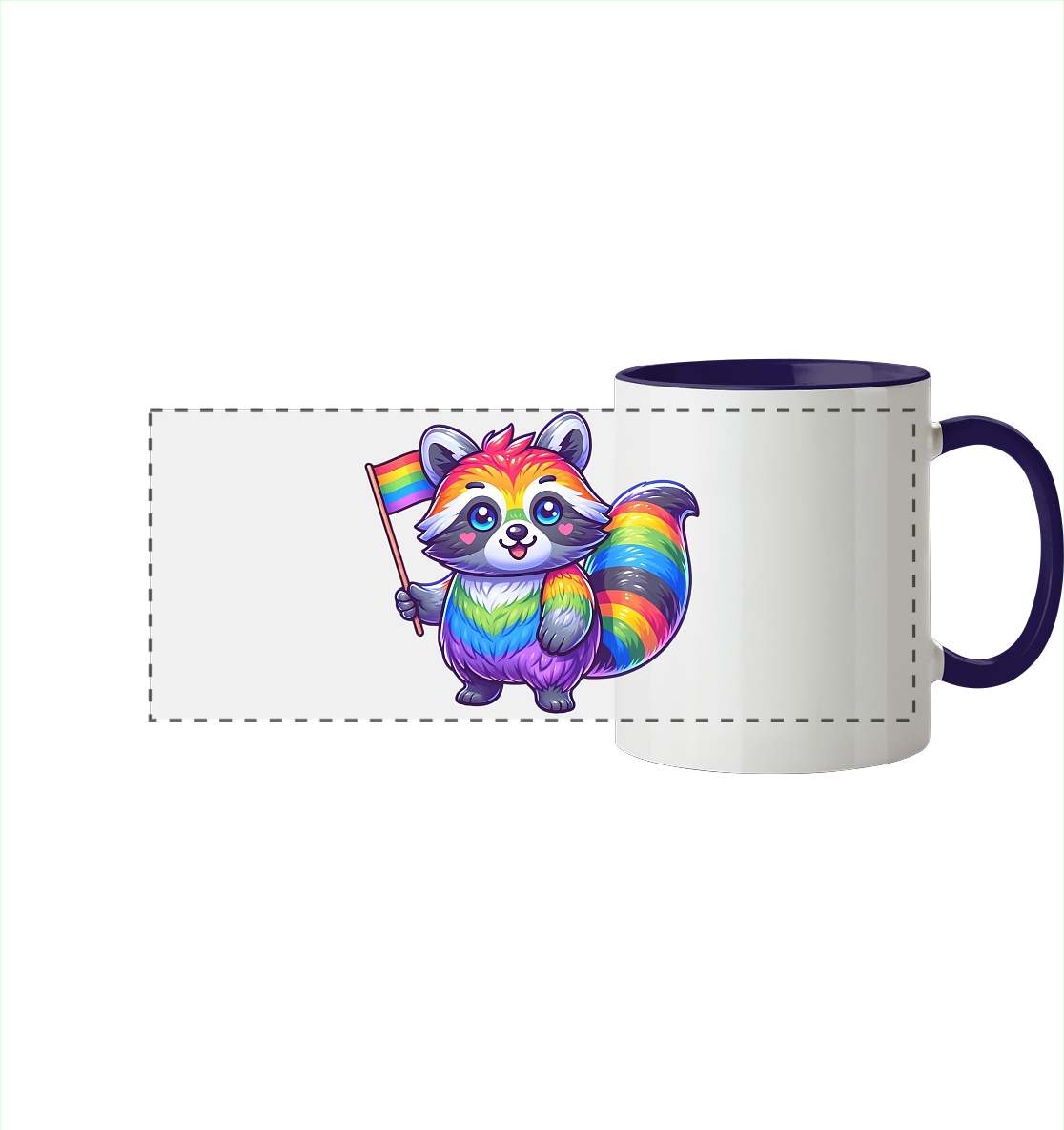 Bunte Kaffeetasse mit einem niedlichen, regenbogenfarbigen Waschbär, der eine Flagge hält.